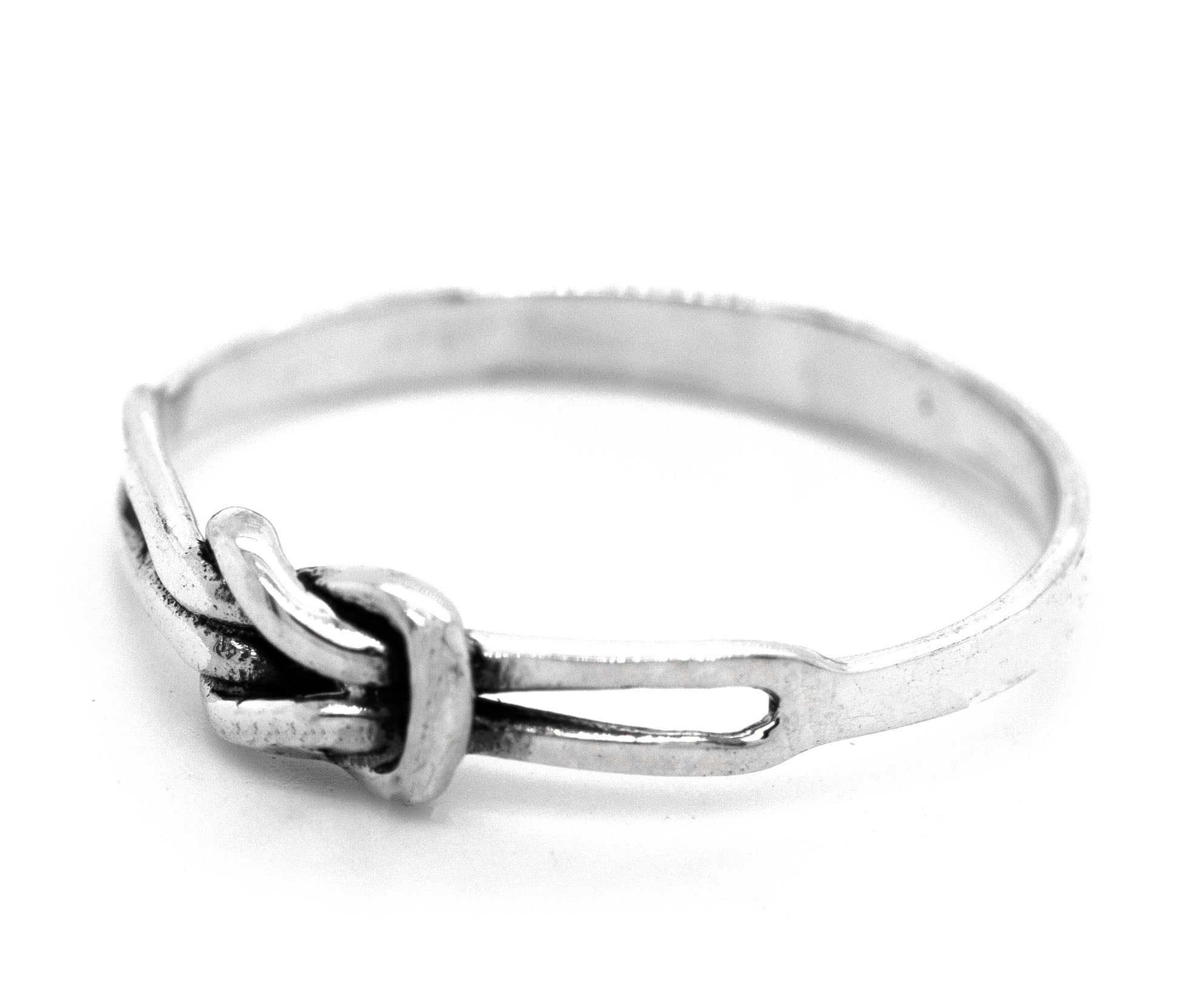 A modern Slender Square Knot Ring featuring a subtle knot design.