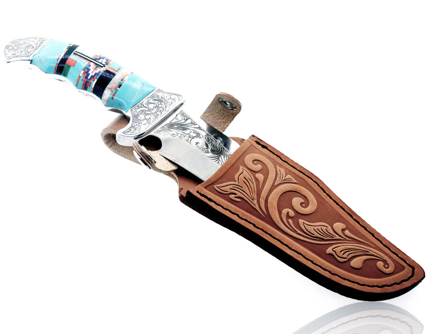 A Stunning Handcrafted Knife with an inlaid stone handle and leather sheath featuring a turquoise stone.