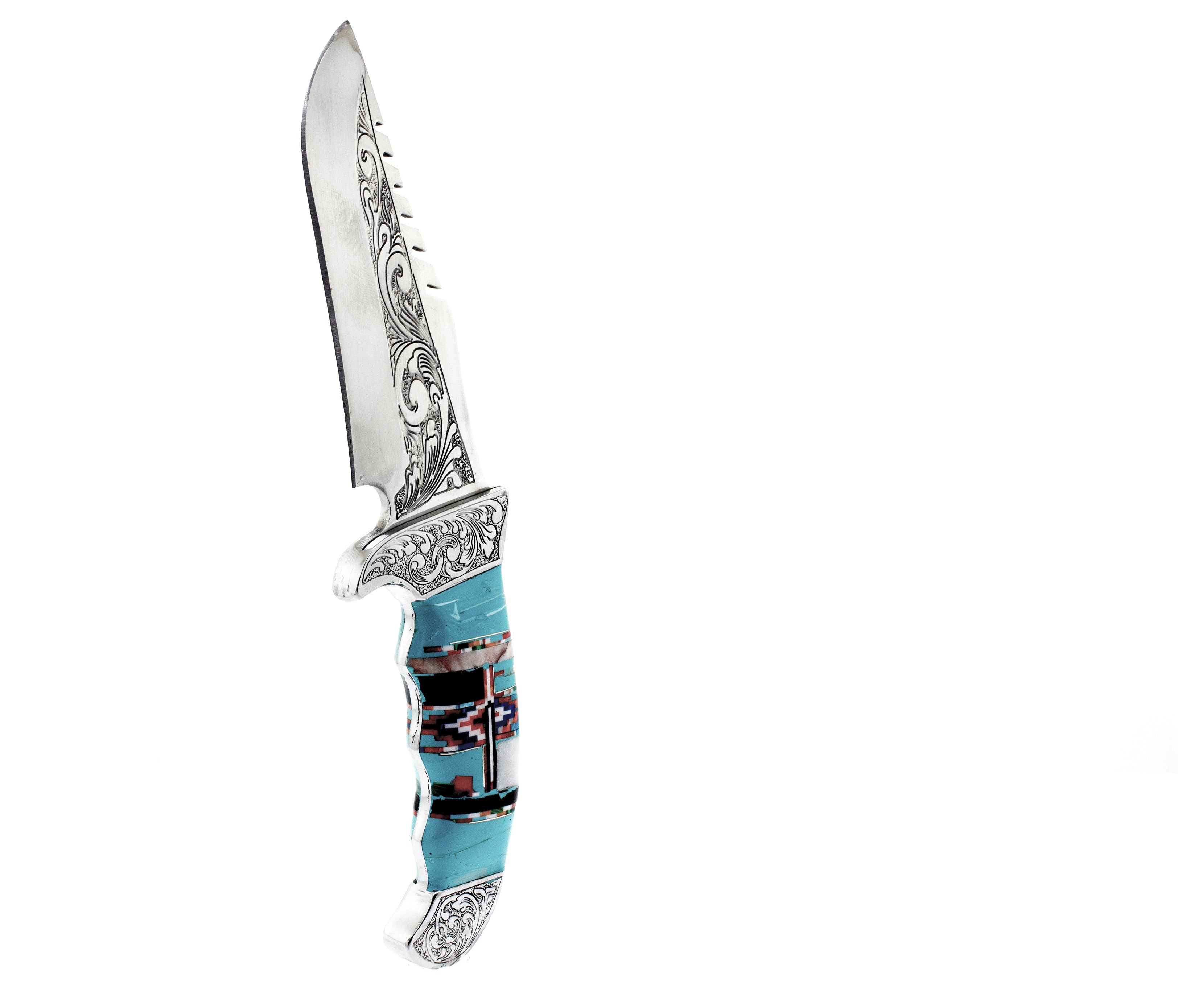 A Stunning Handcrafted Knife With Inlaid Stone Handle on a white background.
