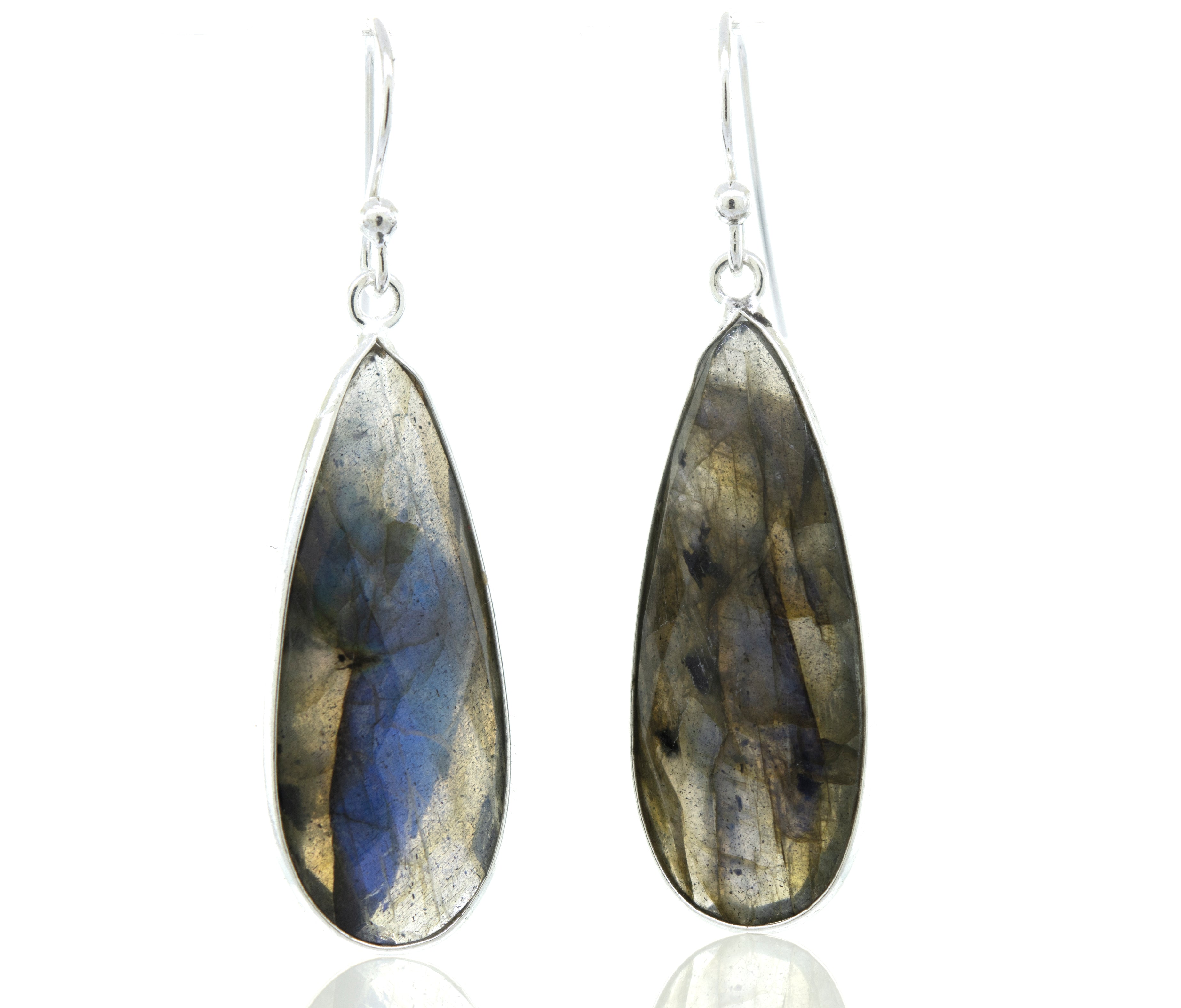 A stunning pair of Elegant Facet Cut Teardrop Shape Labradorite Earrings by Super Silver.