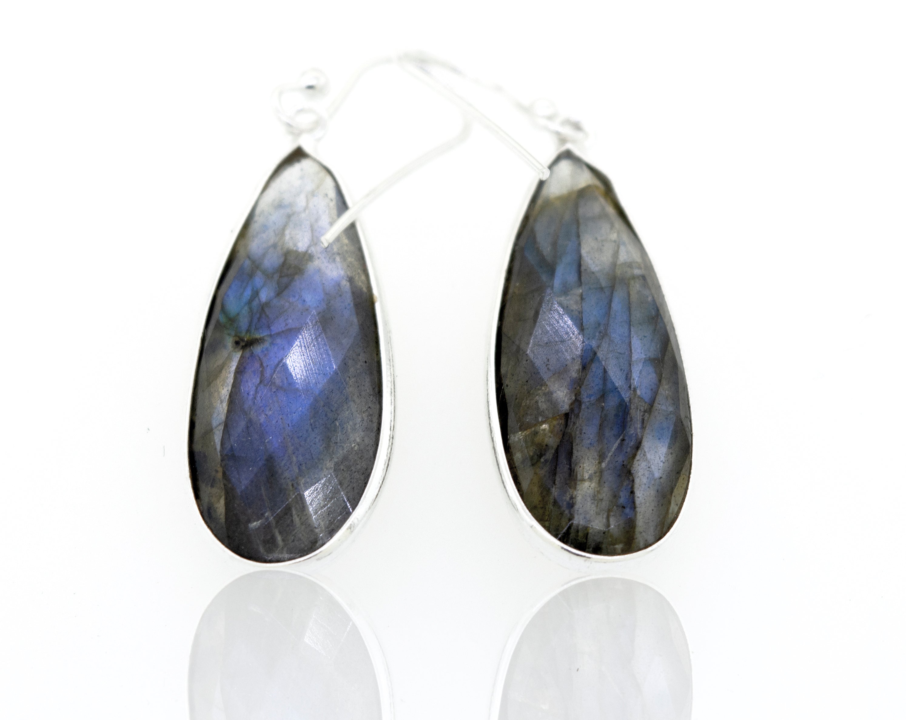 A pair of Super Silver Elegant Facet Cut Teardrop Shape Labradorite Earrings on a white surface.