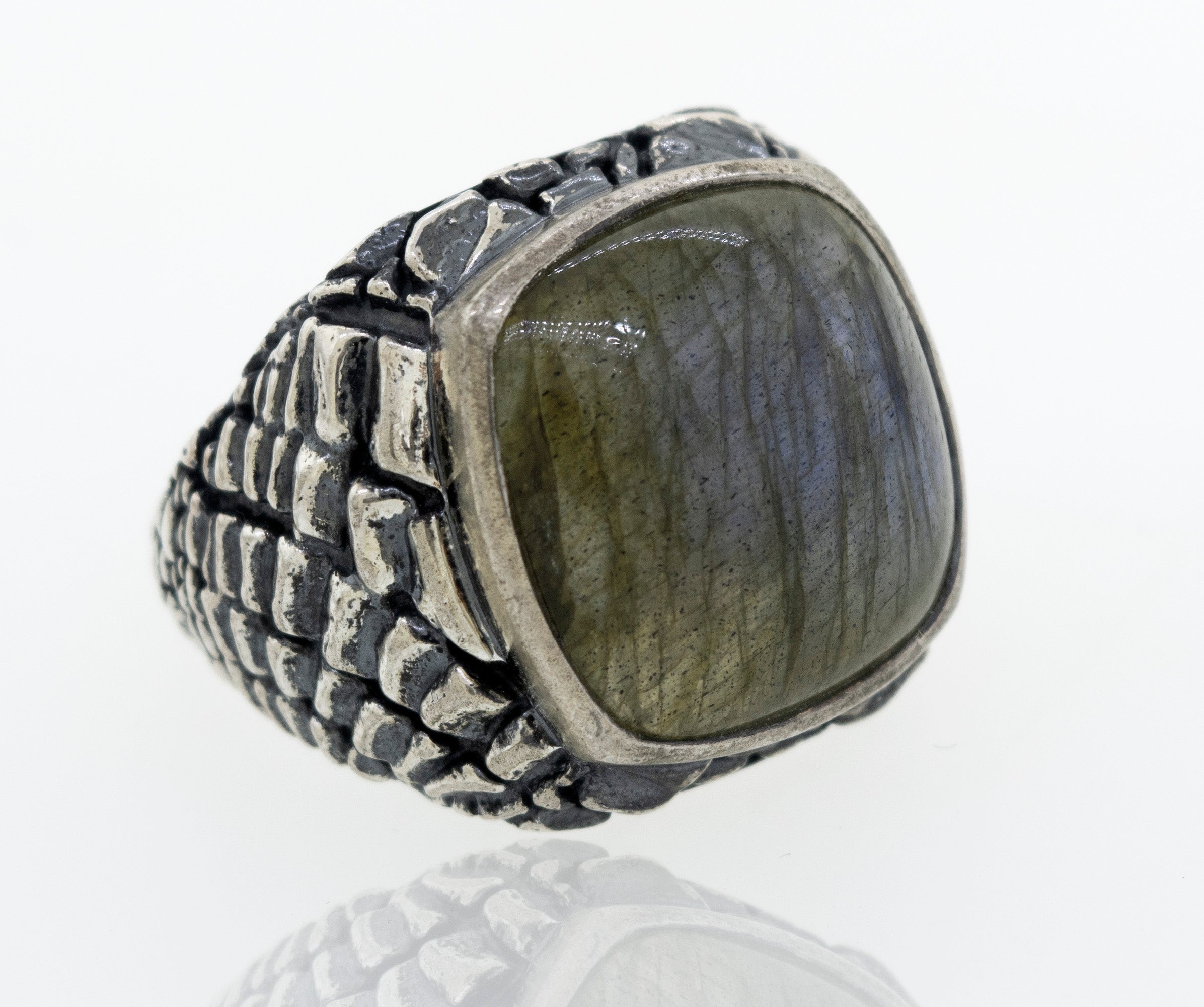A Heavy Signet Labradorite Ring with a labradorite stone.