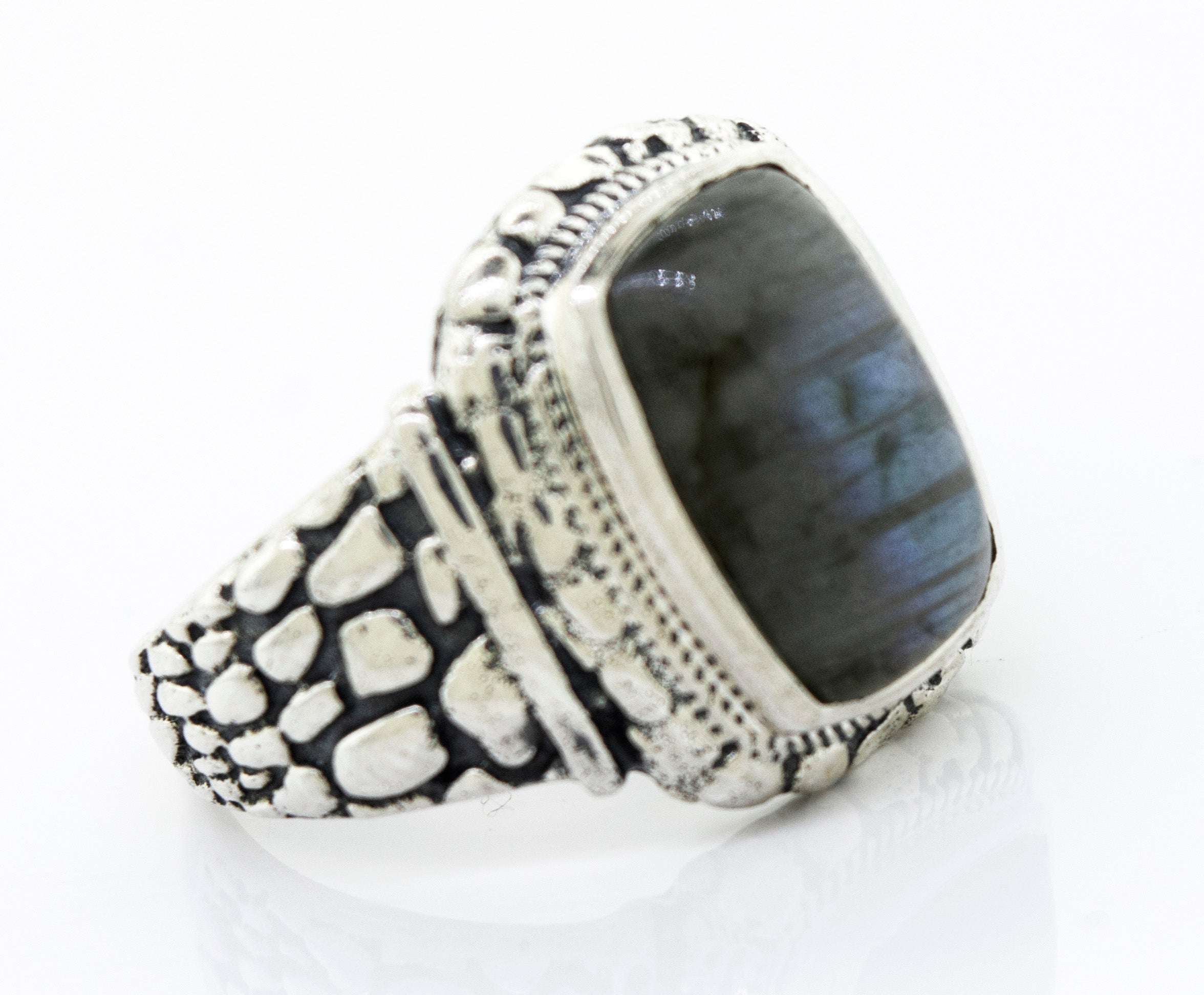 A sterling silver men's Labradorite Signet Ring With Dragon Scale Pattern.