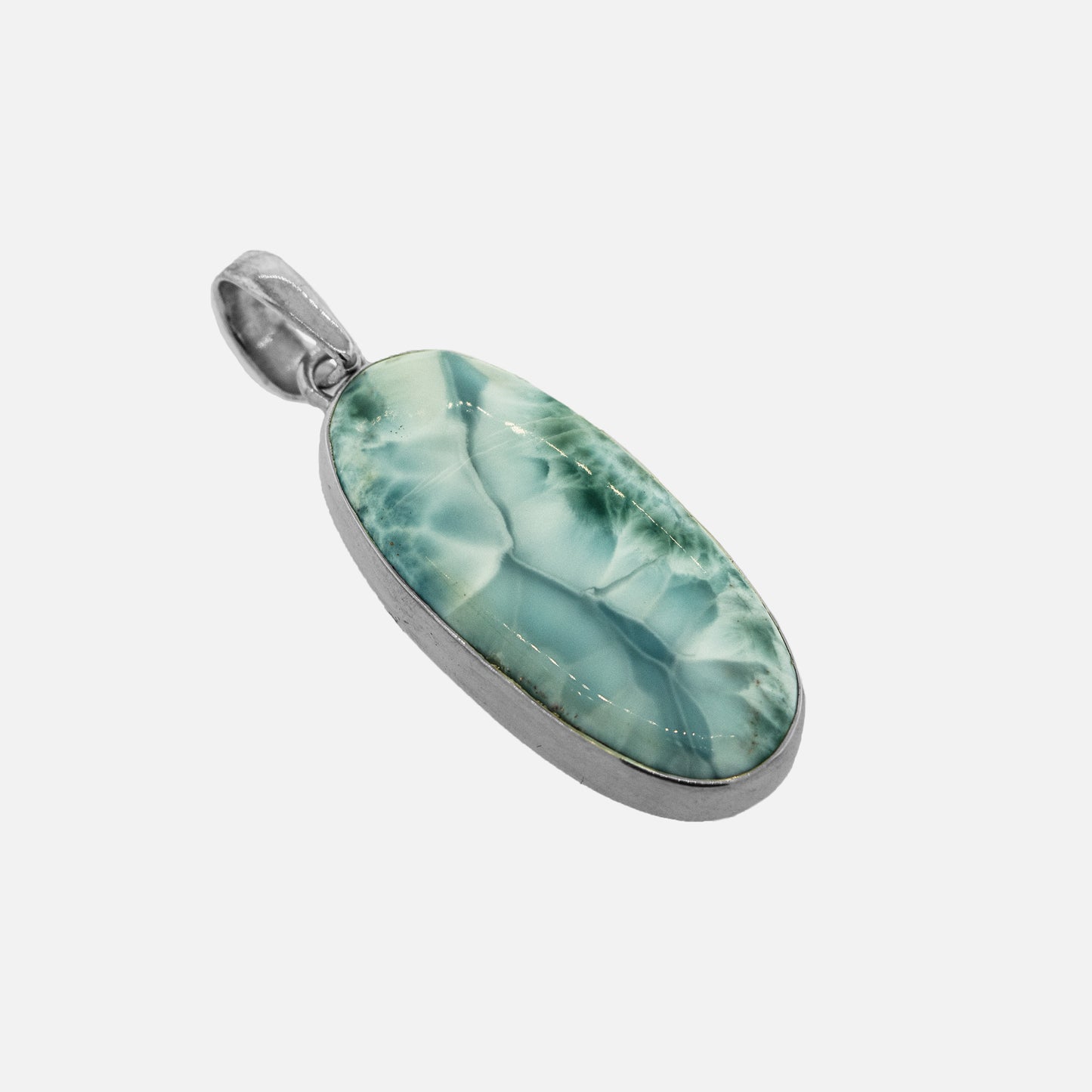 A Beautiful Long Oval Larimar Pendant made of .925 Sterling Silver with a green Larimar stone, sourced from the Dominican Republic, by Super Silver.