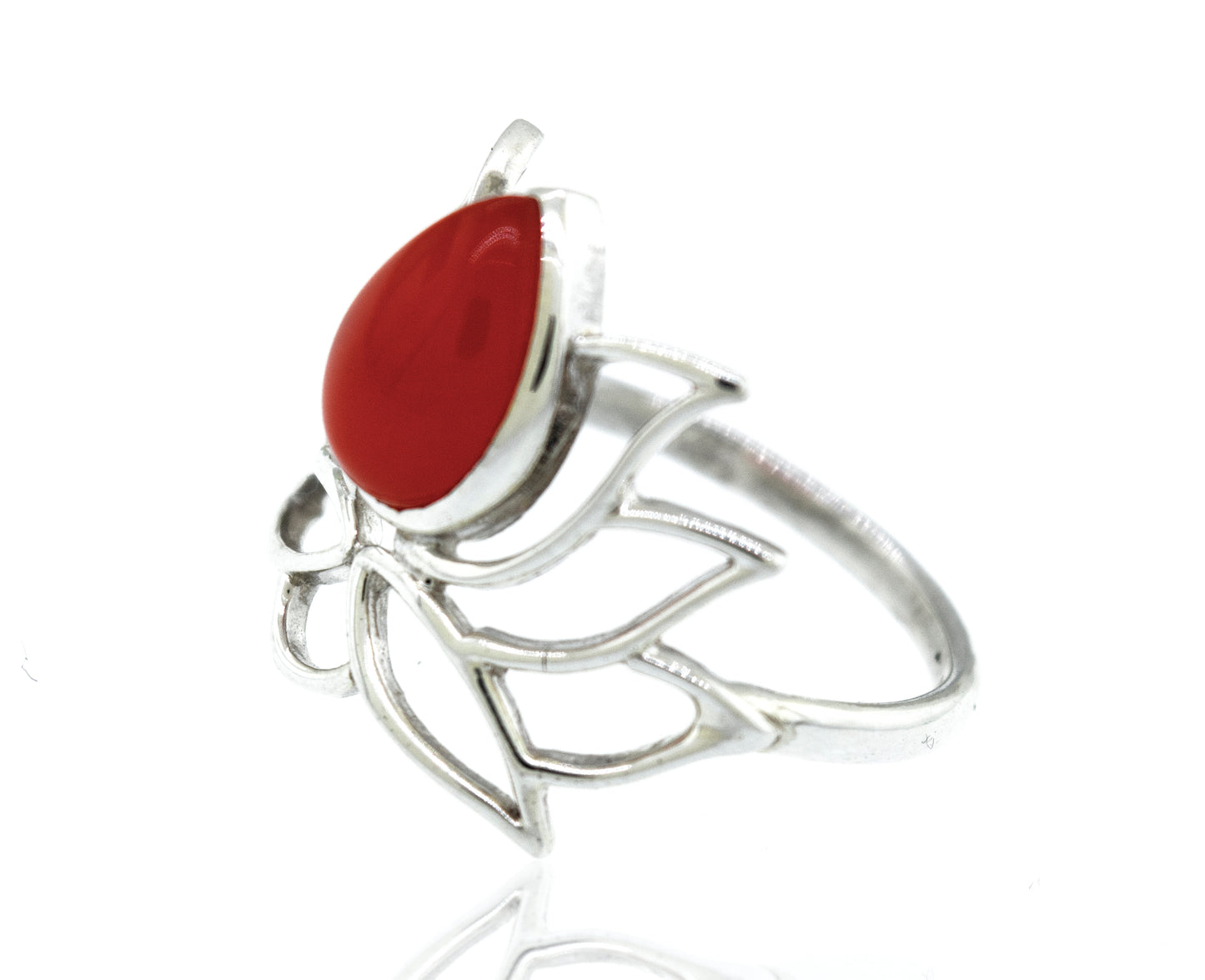 
                  
                    Online Exclusive Teardrop Stone Lotus Ring with a leaf design and a red oval gemstone, displayed against a white background.
                  
                