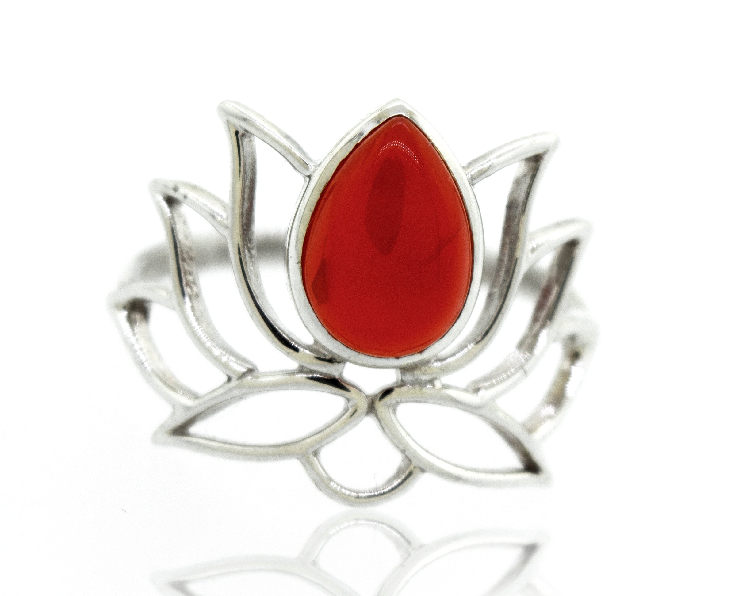Online Exclusive Teardrop Stone Lotus Ring with a central red teardrop gemstone, presented on a white background.