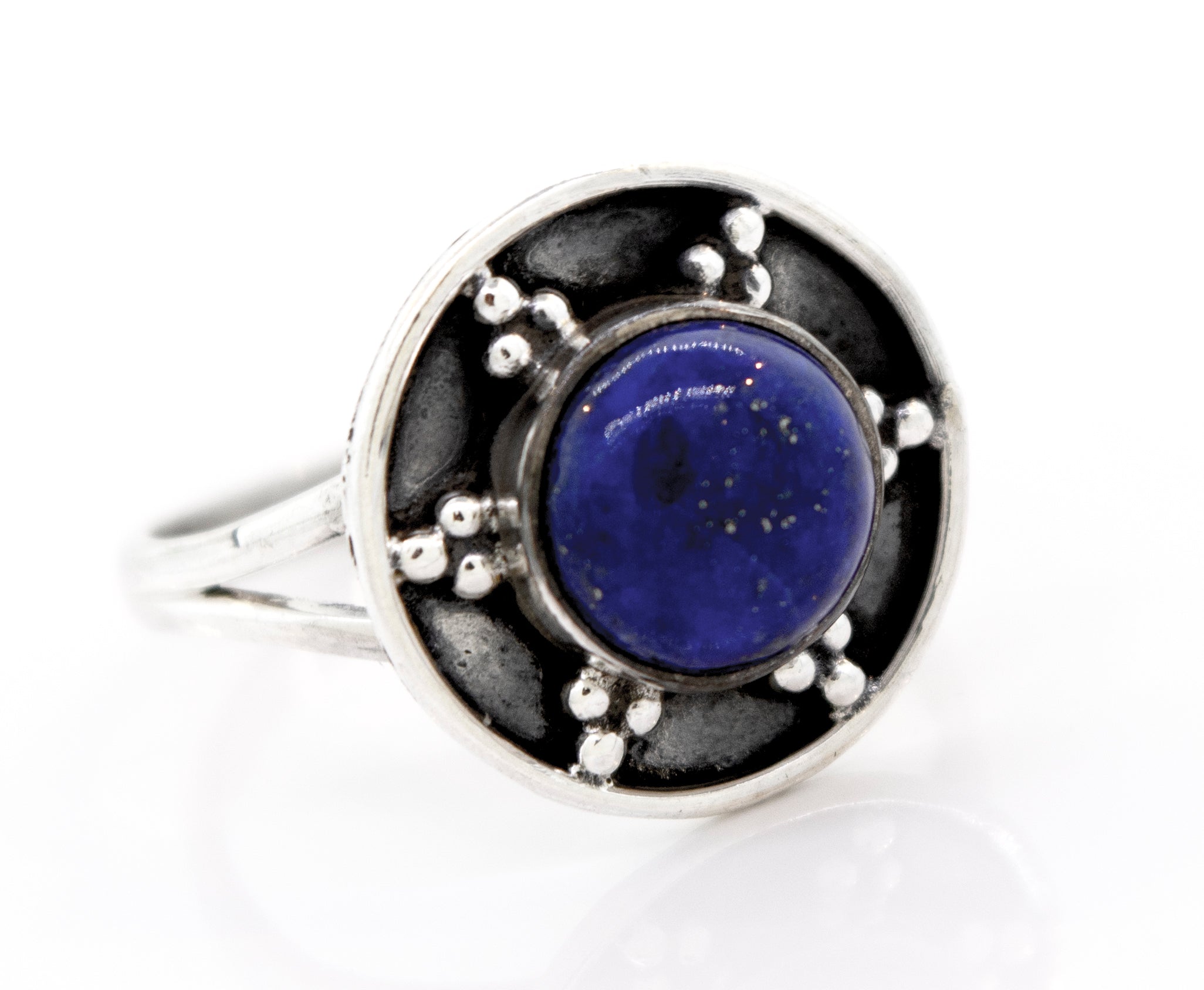 A Lapis Ring With Unique Oxidized Silver Design from Super Silver, with a Lapis Lazuli stone in the center.