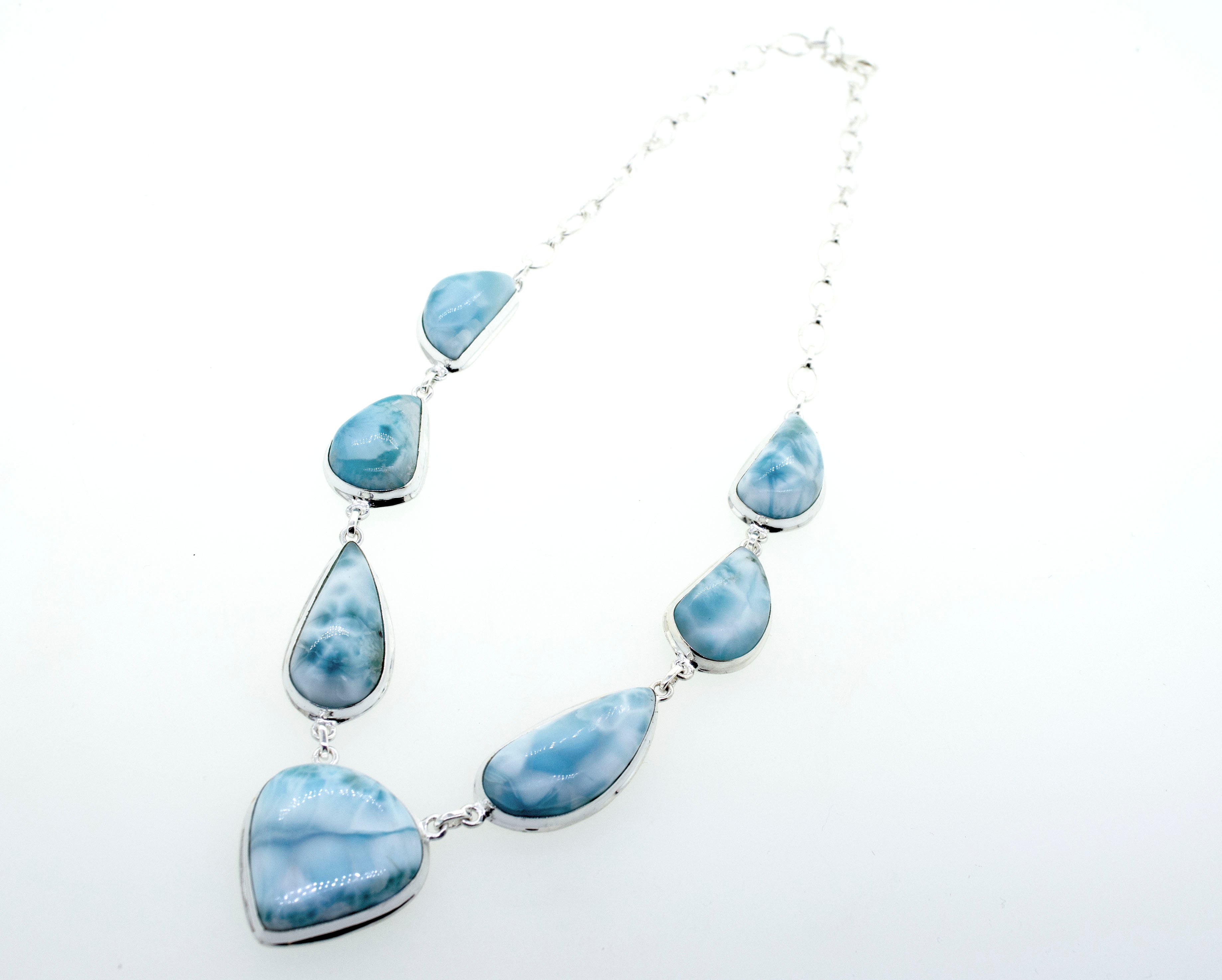 A Super Silver Larimar Necklace with Teardrop Shape Stones.