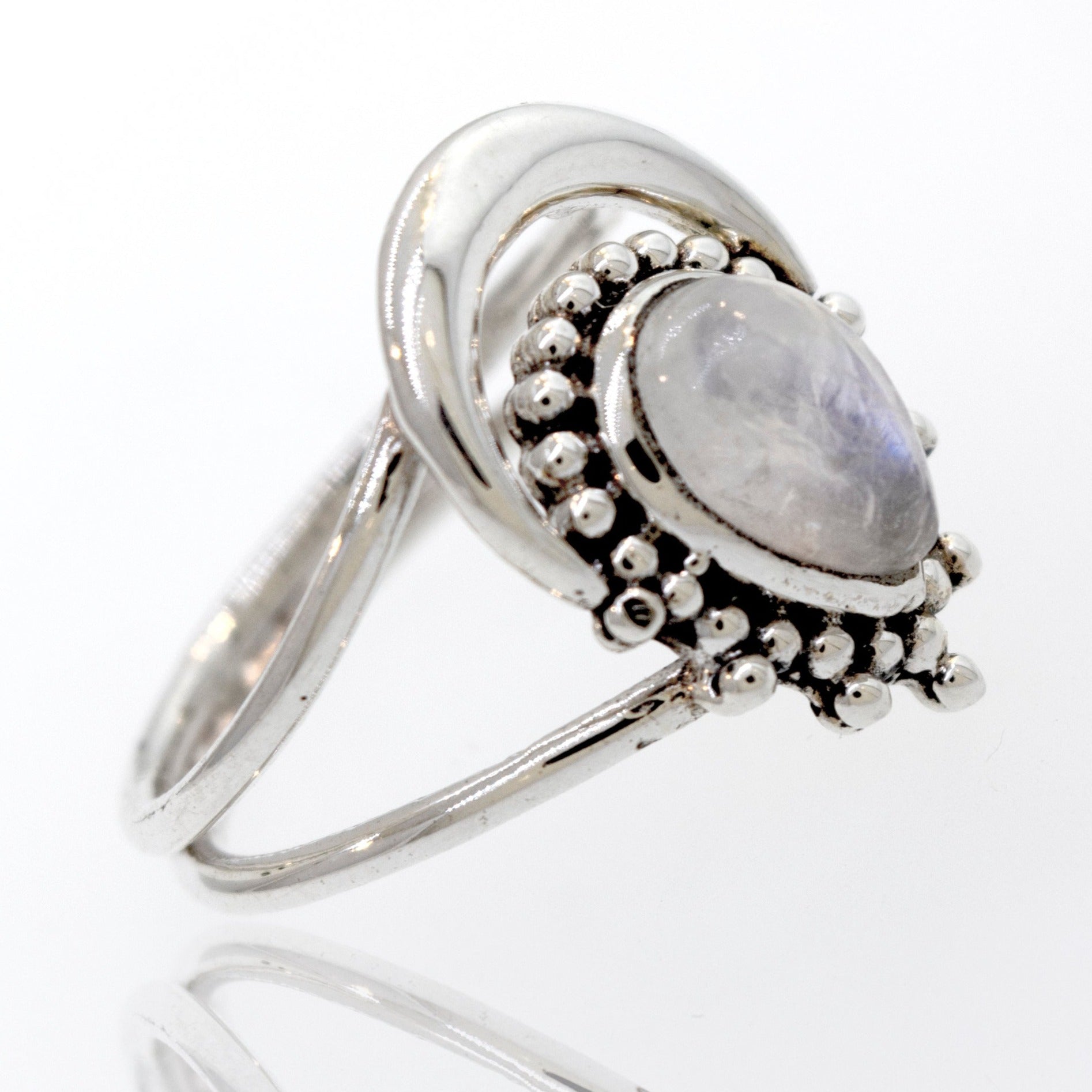 An elegant Online Only Exclusive Teardrop Moonstone Ring with a crescent moon design, available at our online store.