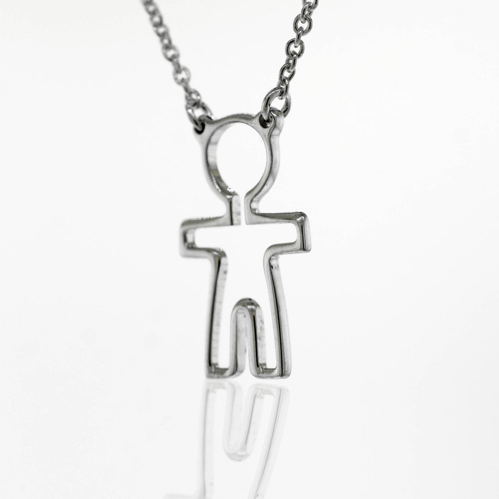 A Super Silver Little Woman Necklace adorned with a delicate figure, symbolizing love and humanity.