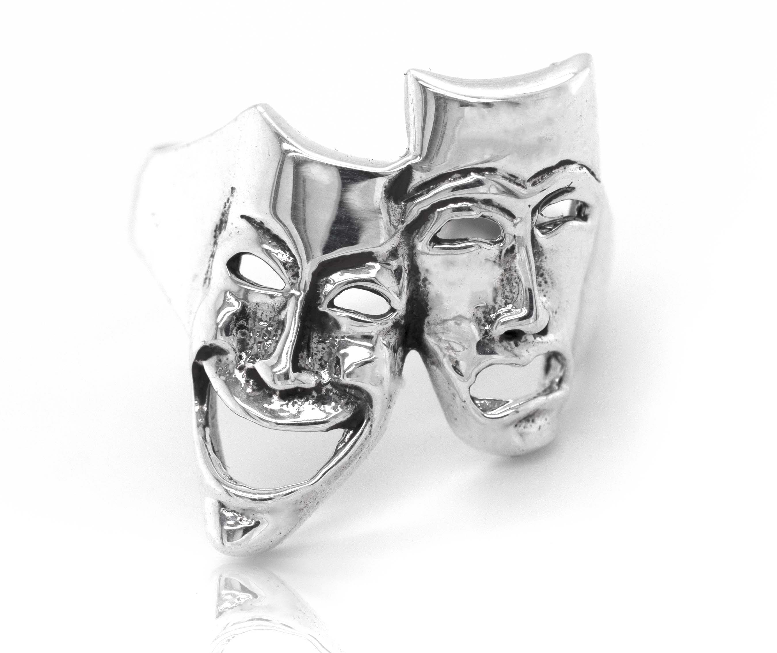 A fashionable Super Silver Theater Masks Ring featuring the iconic comedy/tragedy masks.