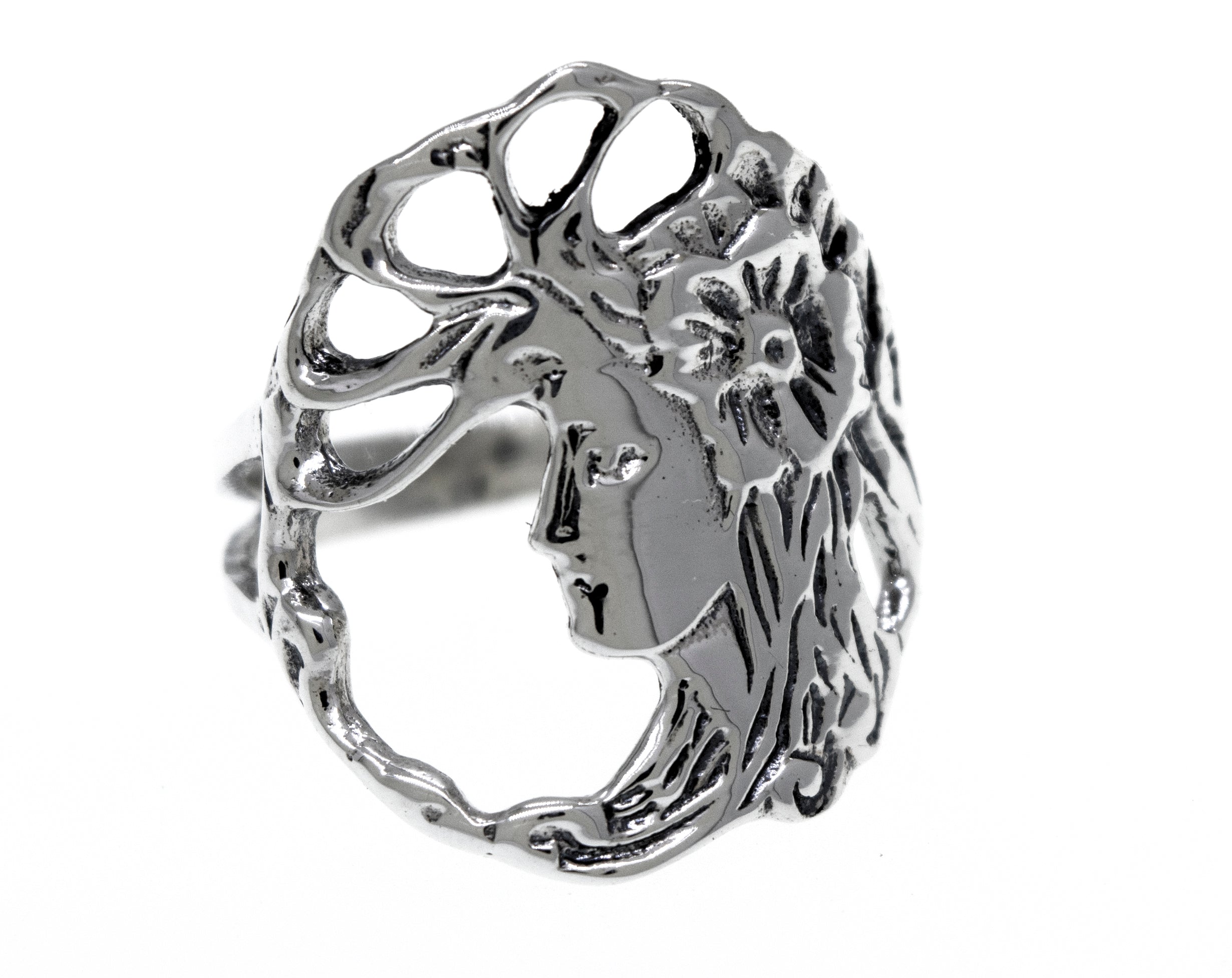 The Sterling Silver Goddess Of Nature Ring showcases a stylized mermaid face design with flowing hair and floral patterns, crafted from .925 sterling silver.