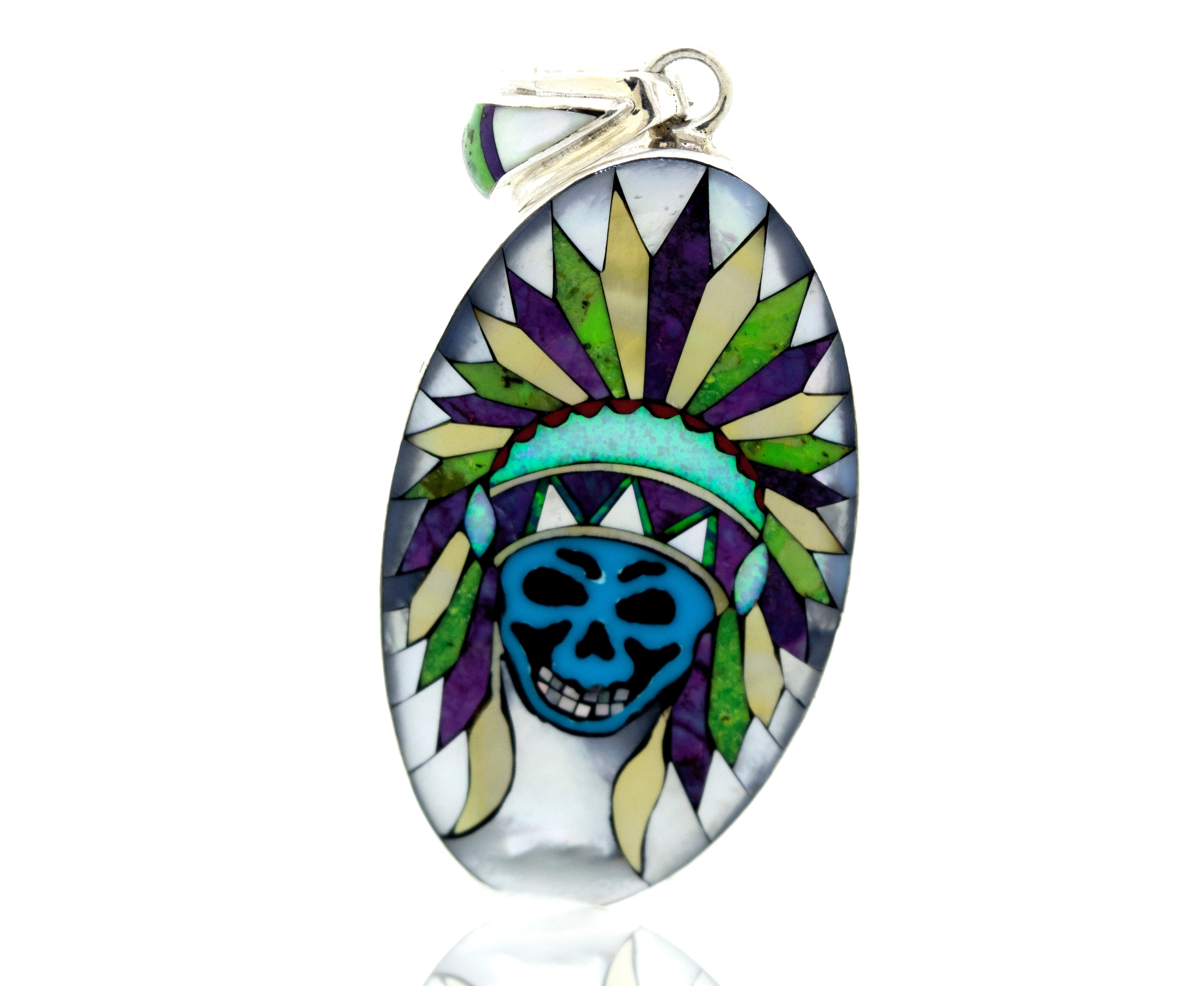 A unique Handcrafted Chief Skull Pendant adorned with an Indian headdress, expertly handcrafted by Super Silver.