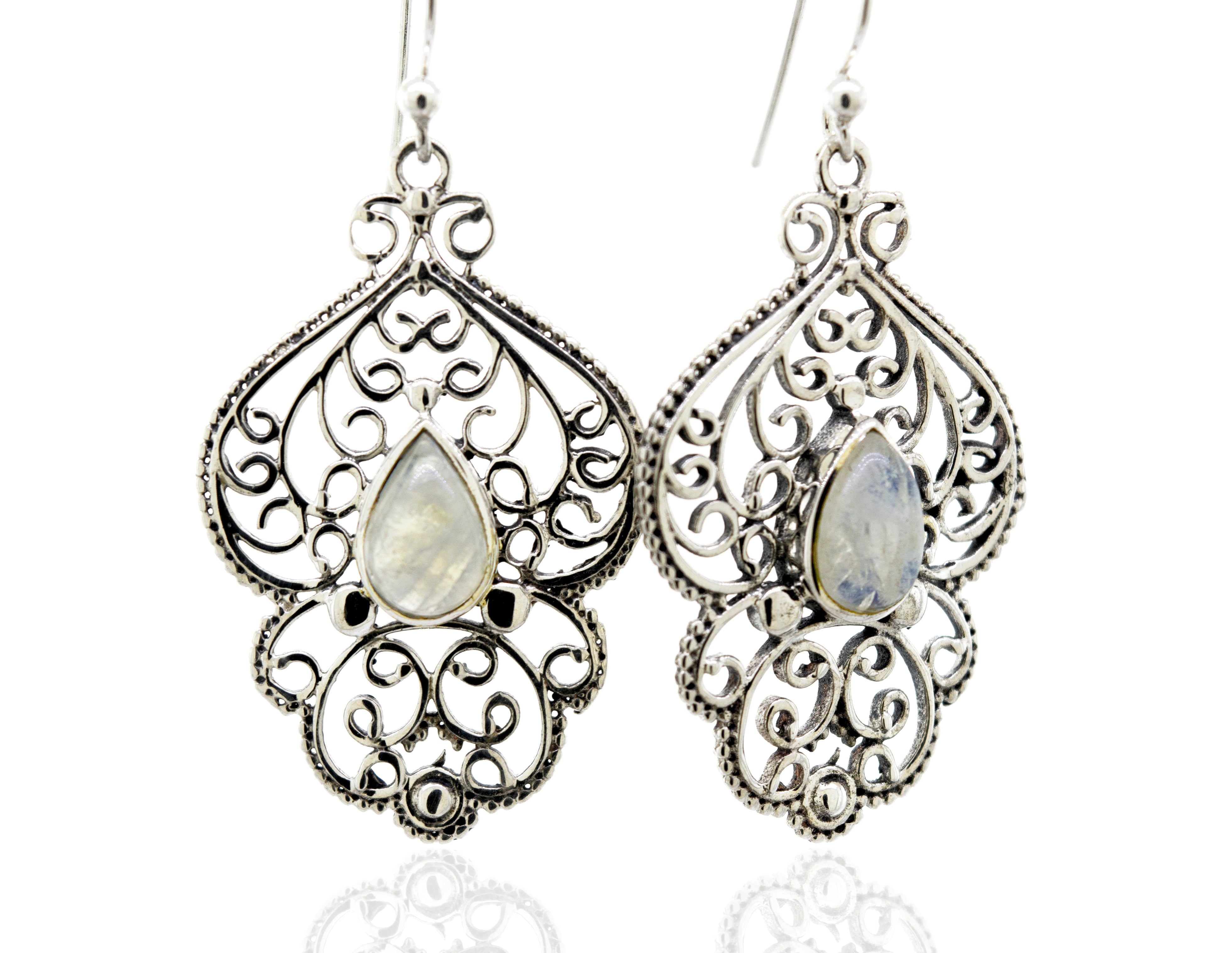 An exquisite pair of Super Silver Teardrop Moonstone Earrings with Freestyle Silver Design.
