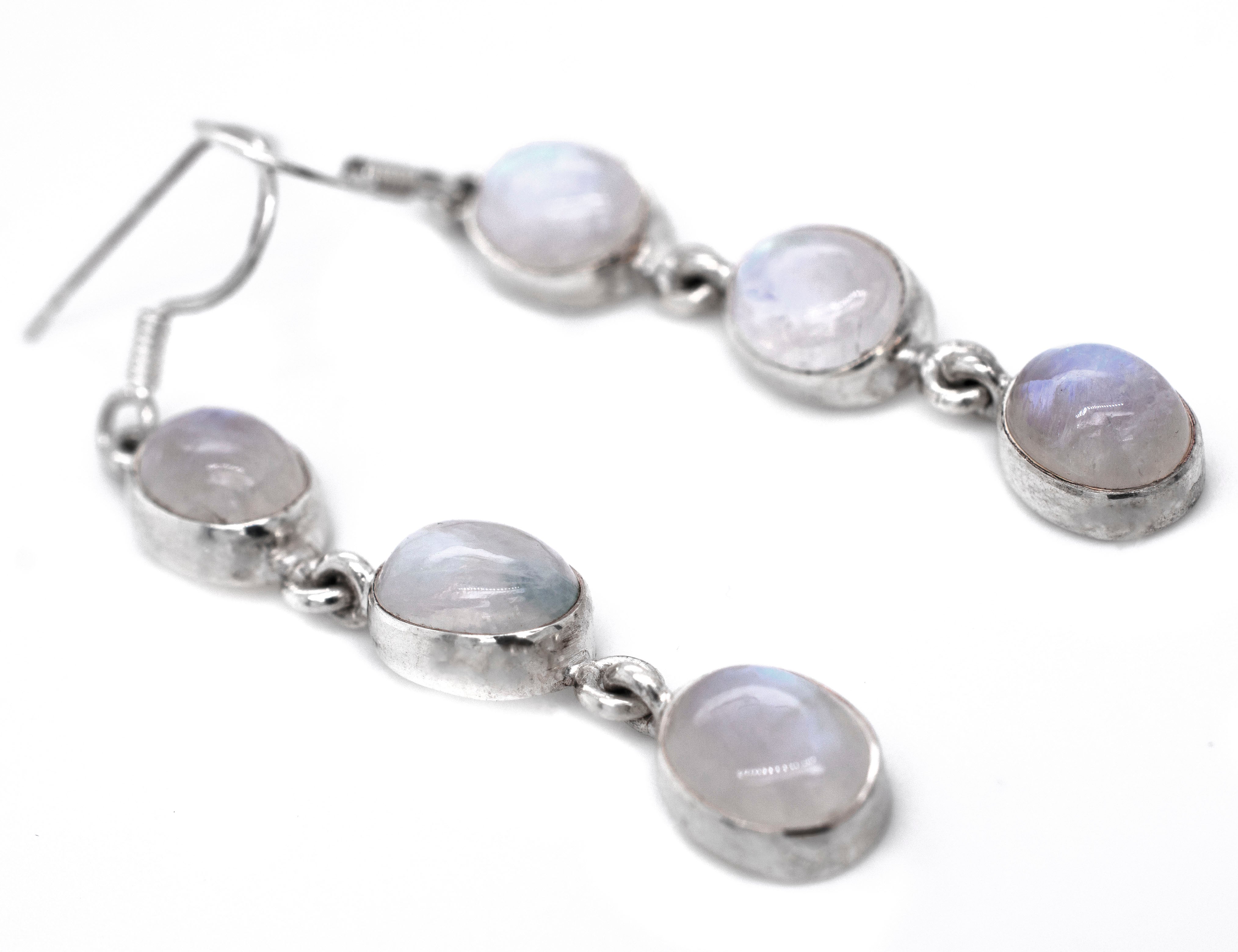 Super Silver's Radiant Long Earrings with Three Moonstones.