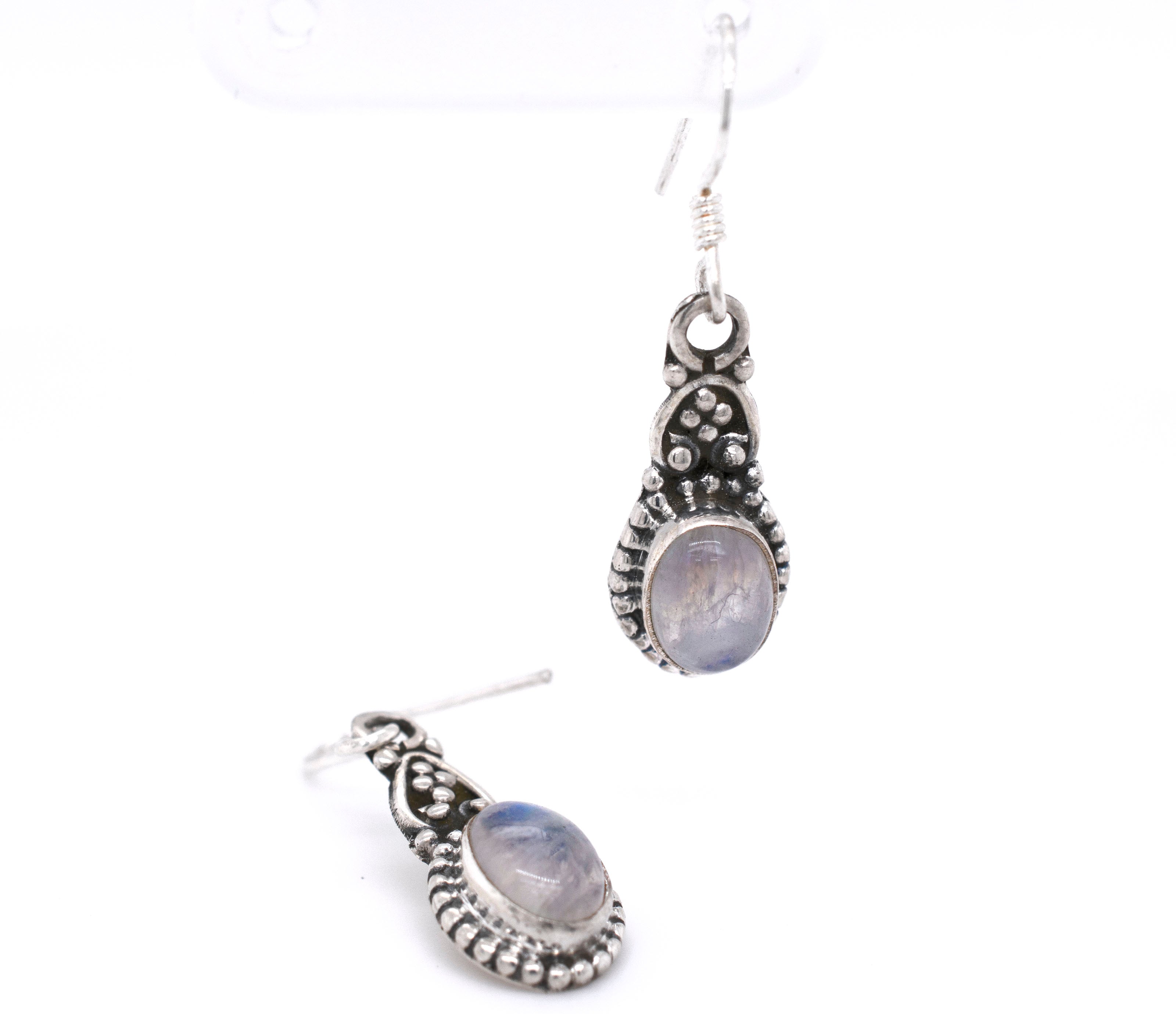 Dainty Bali Style Moonstone Earrings with a blue moonstone, by Super Silver.