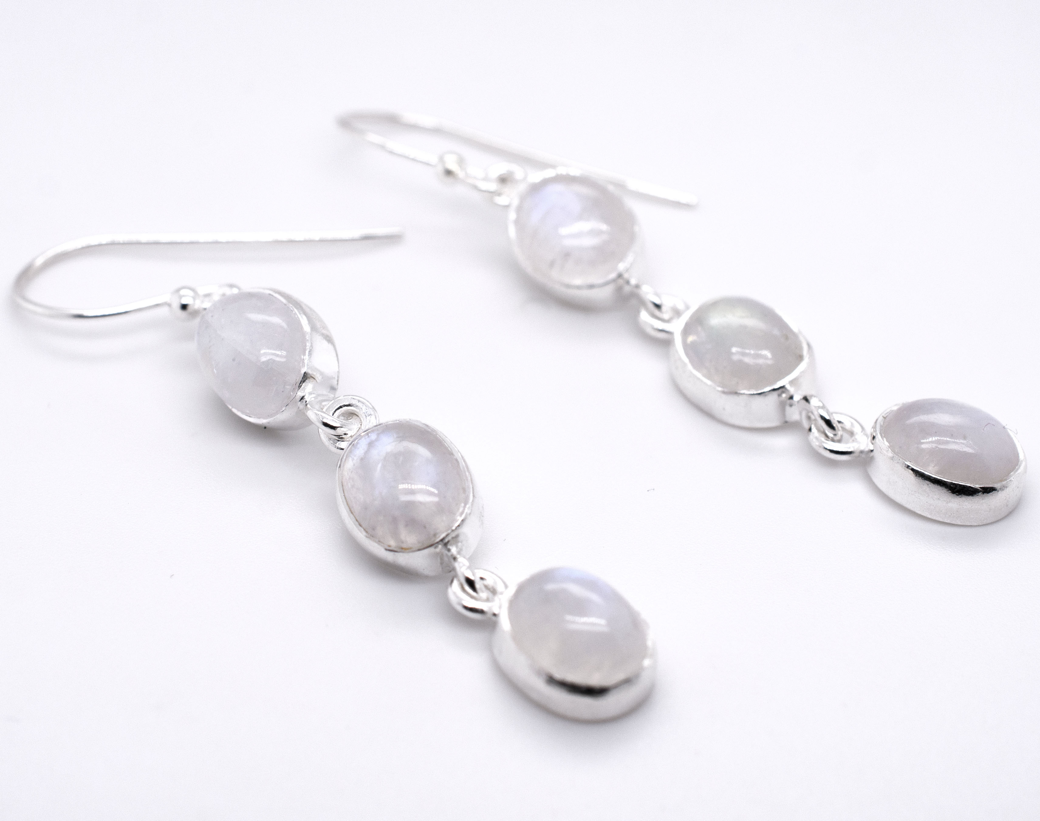 Radiant Long Earrings with Three Moonstones made by Super Silver.