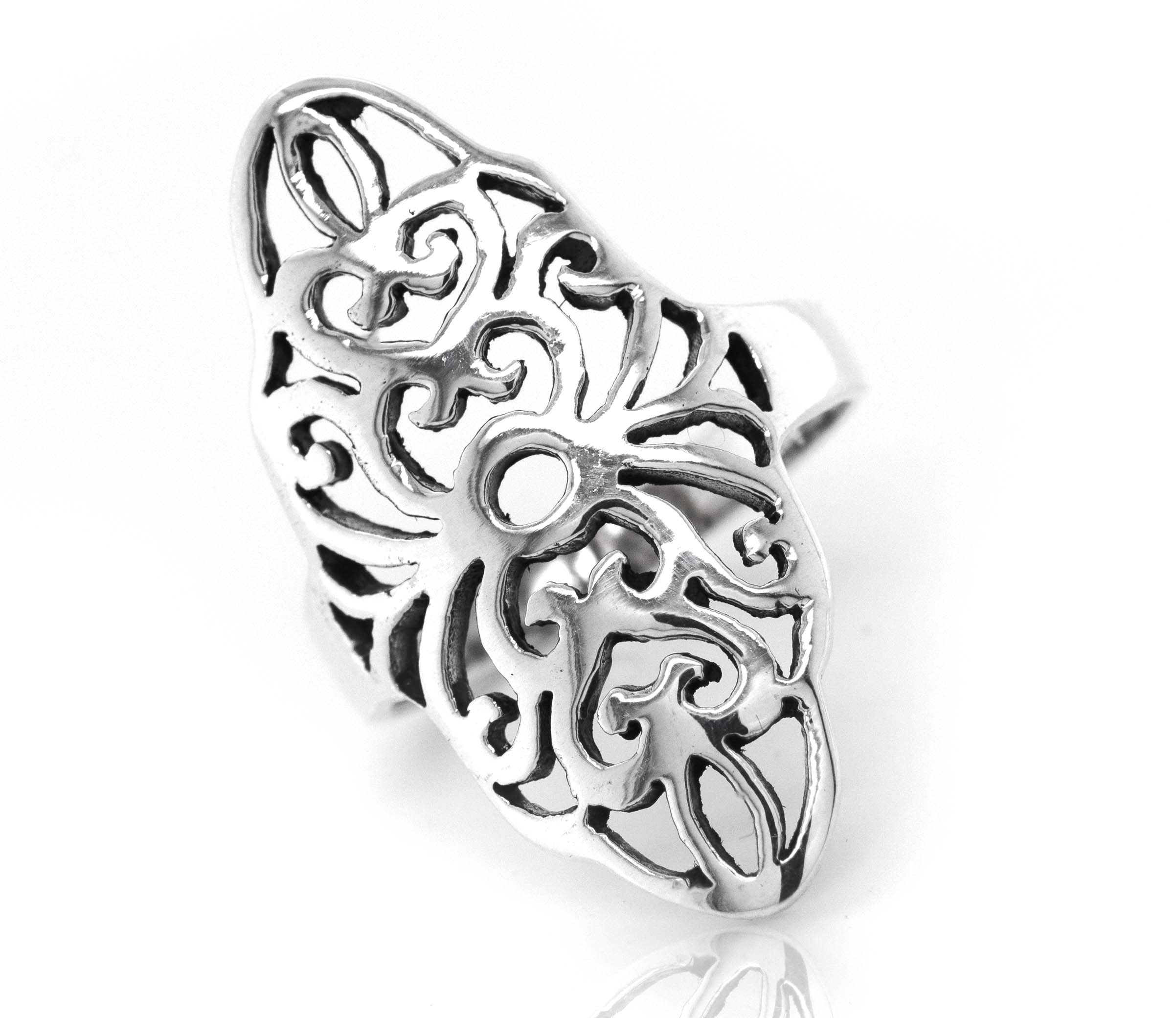 A stylish Marquise Shaped Filigree Shield Ring with an ornate filigree design, made by Super Silver.