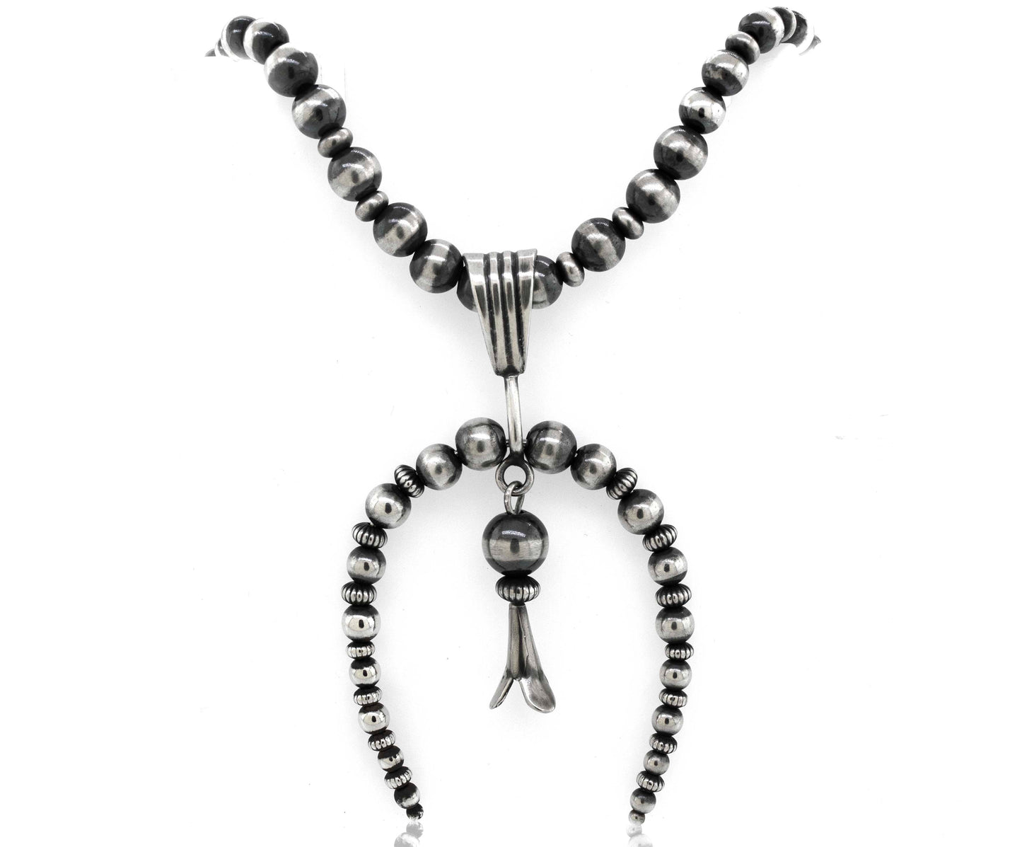 
                  
                    A Super Silver Handcrafted Naja Beaded Necklace with a silver pendant and a black bead, offering both style and protection.
                  
                