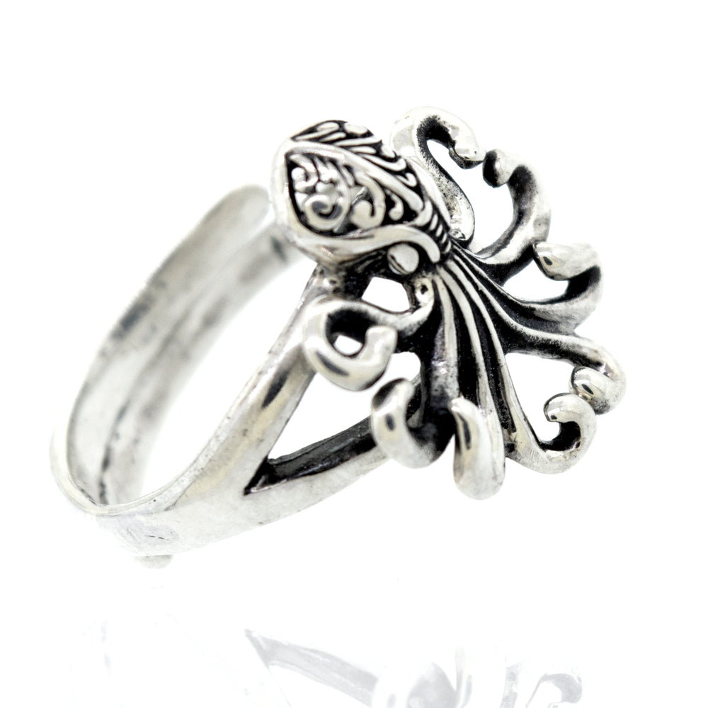A handcrafted Super Silver Brilliant Octopus Ring.