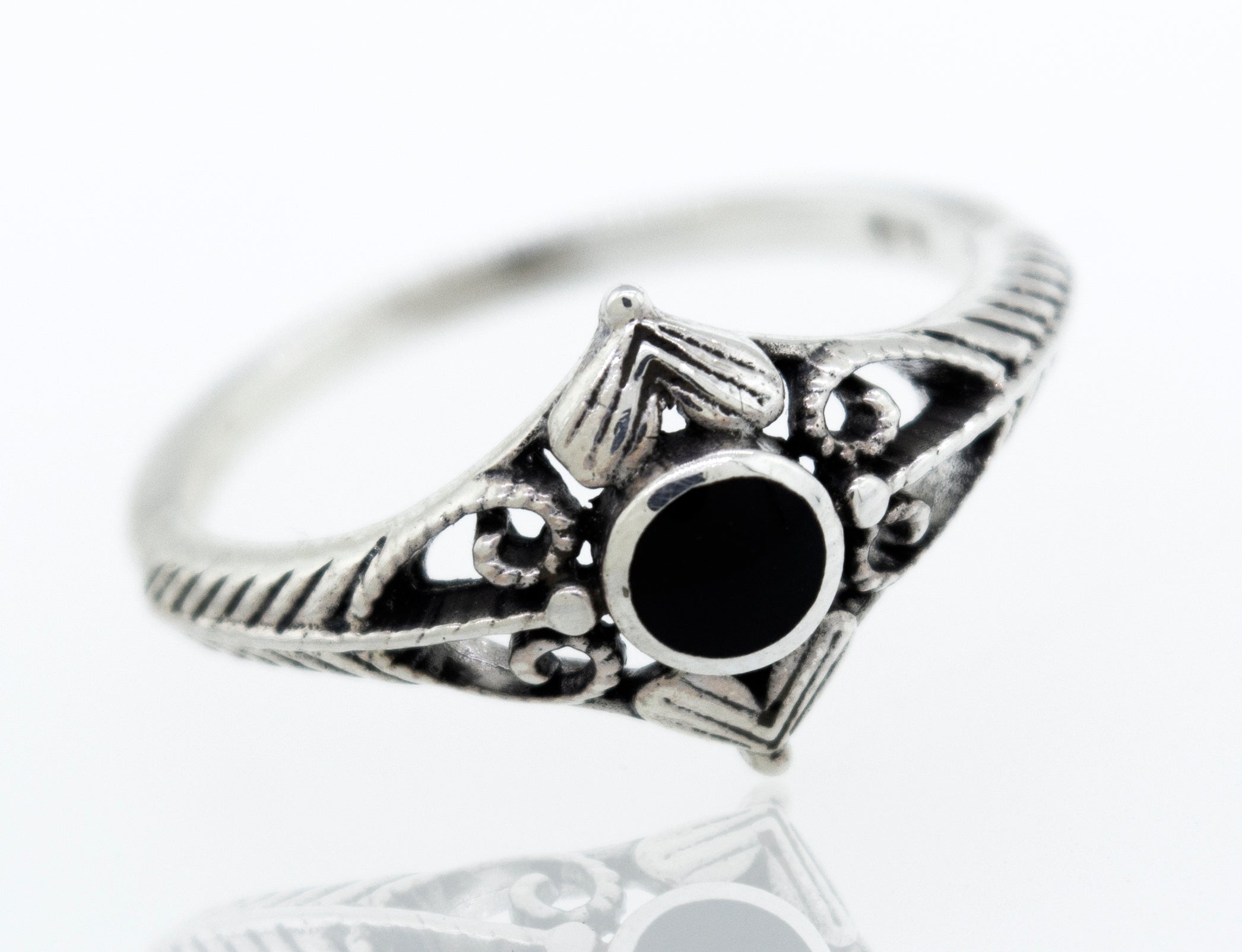 A sterling silver Inlaid Stone Diamond Shaped Ring with Filigree Accents featuring a black onyx stone.
