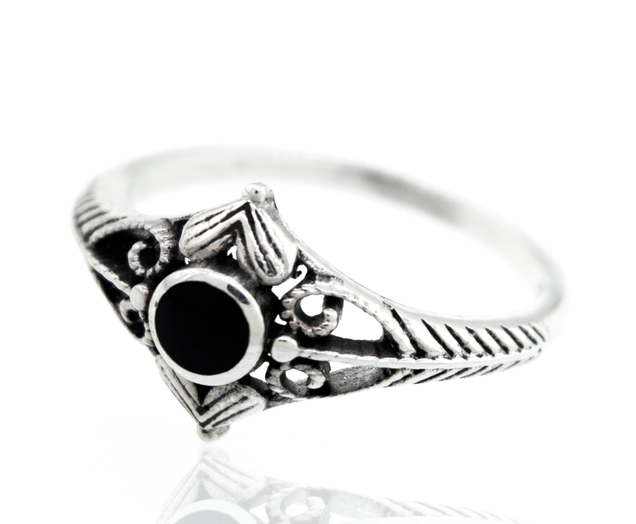 A sterling silver Inlaid Stone Diamond Shaped Ring with Filigree Accents featuring a black onyx stone.