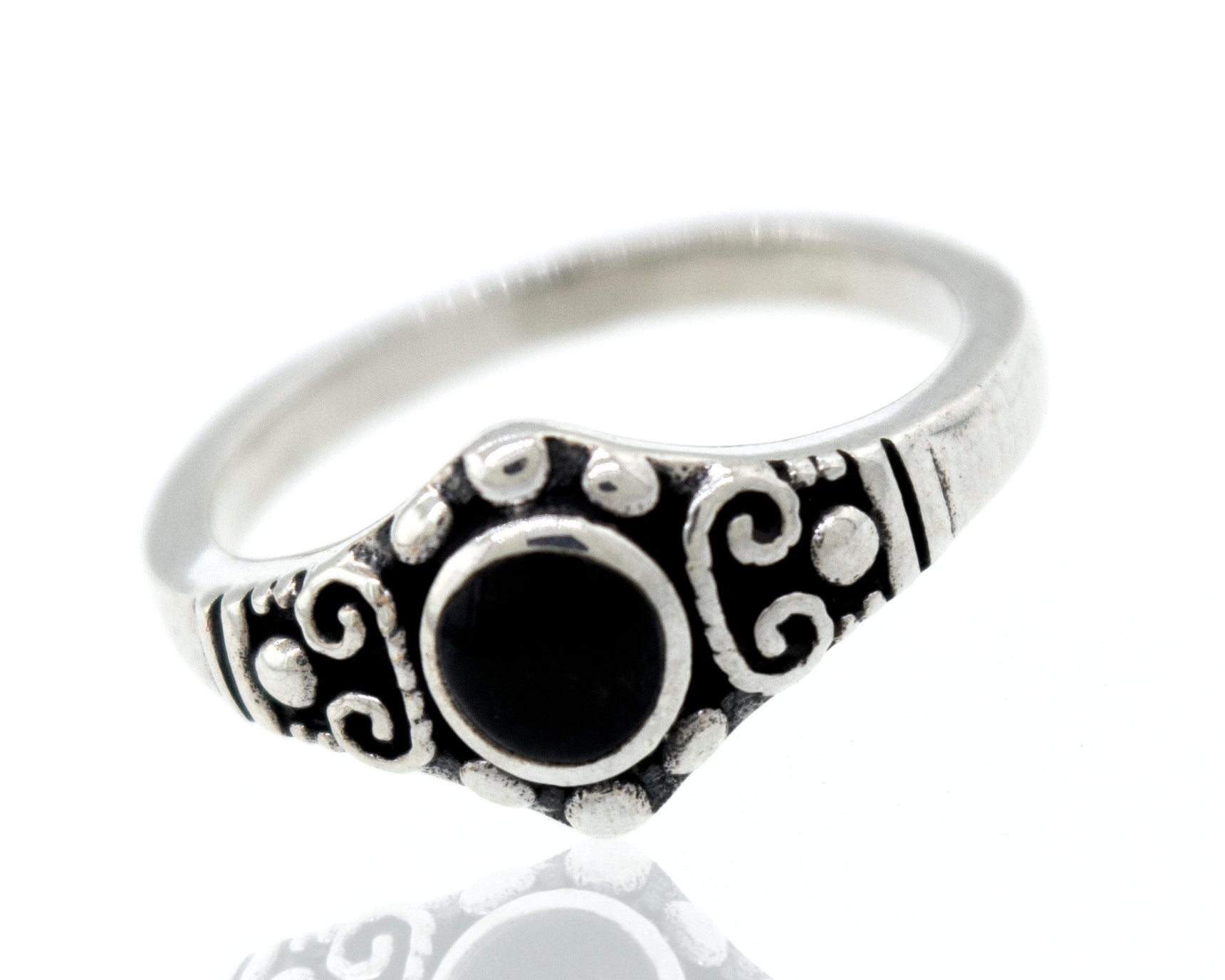 A Dainty Inlaid Stone Ring With Silver Beads and Swirls from Super Silver, with a vintage charm and an antiqued finish, featuring a black onyx stone.