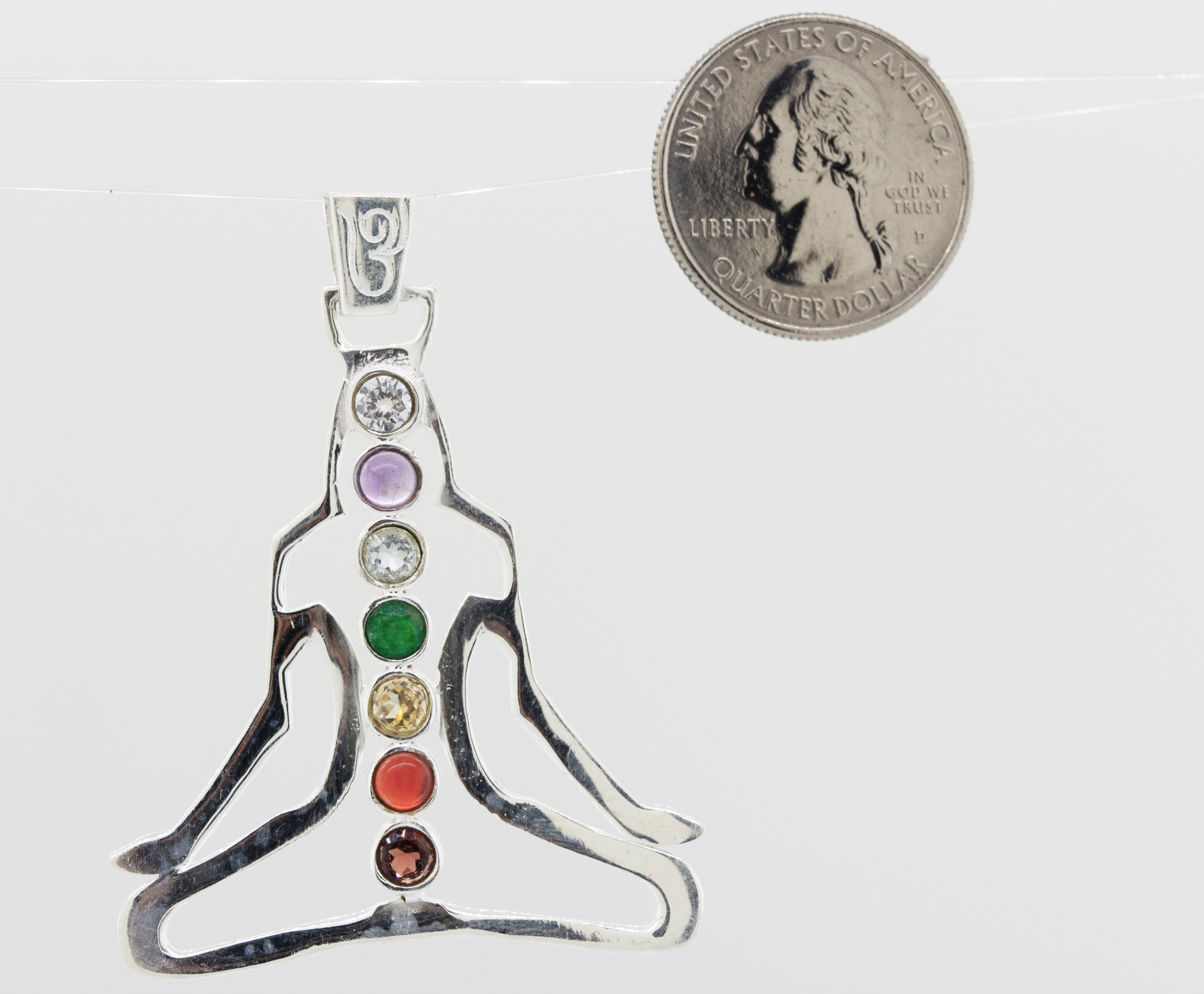 A Super Silver Lotus Pose Pendant With Chakra Stones.