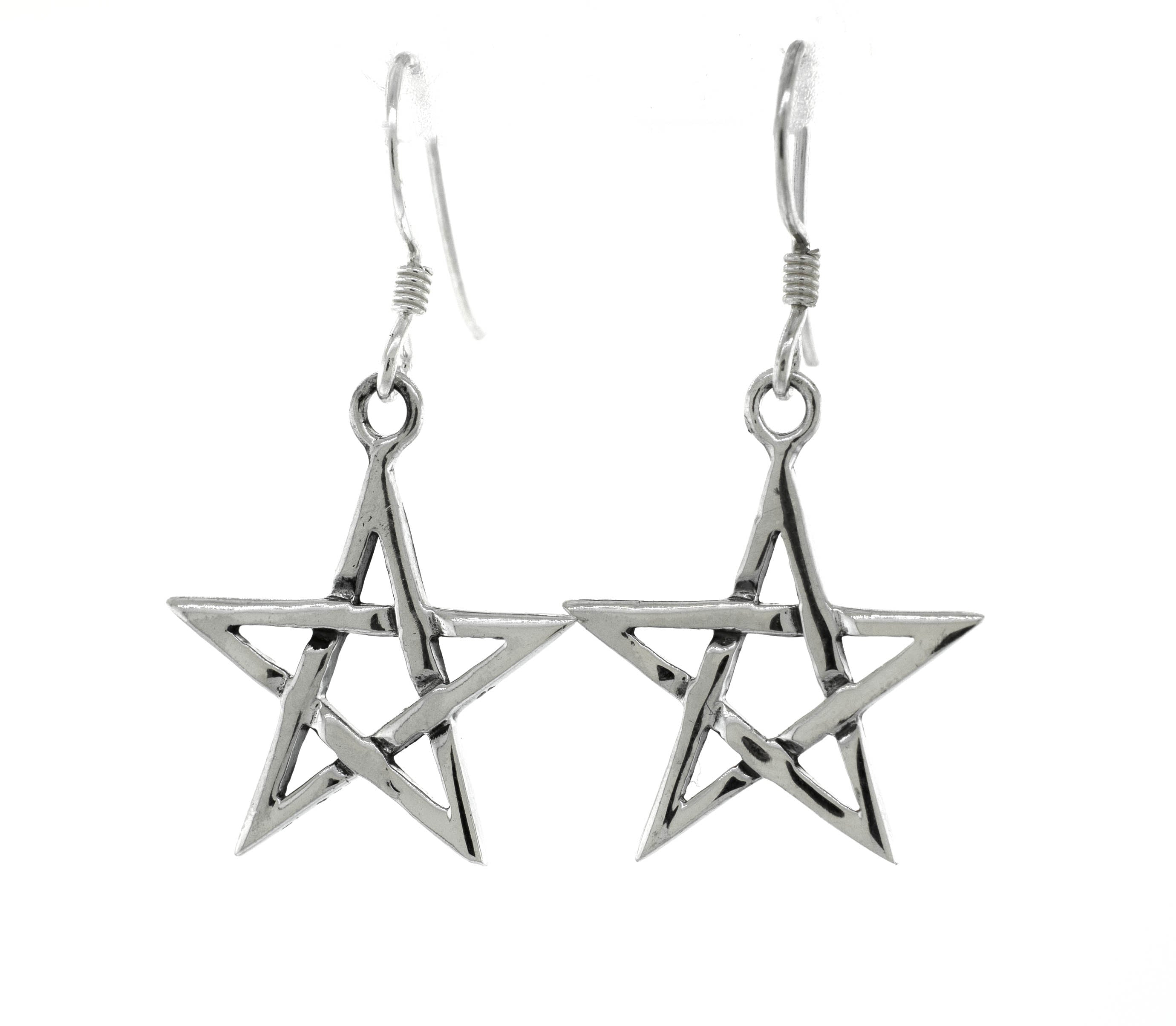 A pair of Super Silver sterling silver pentagram earrings on a white background.