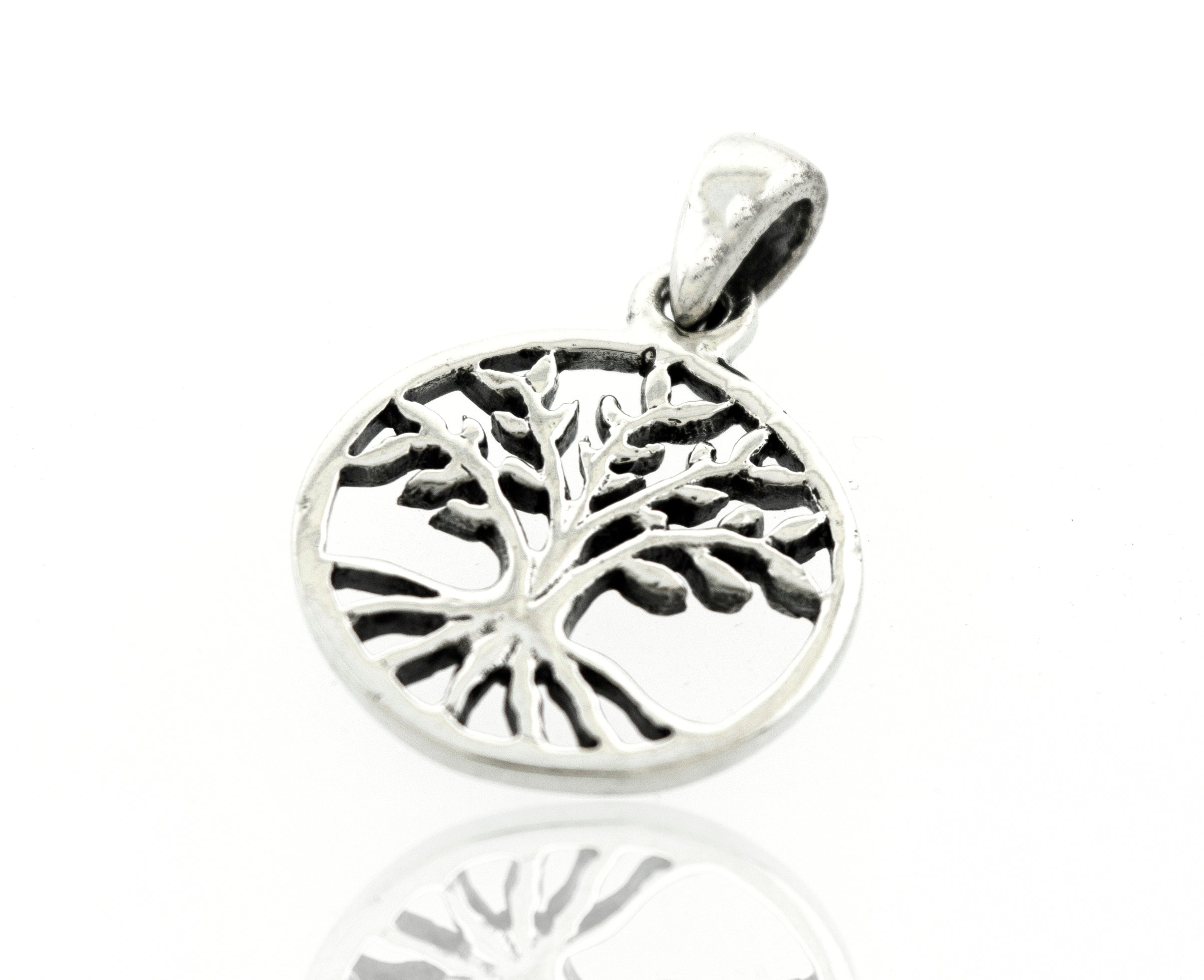 An oxidized Super Silver Tree Of Life Pendant on a white background.