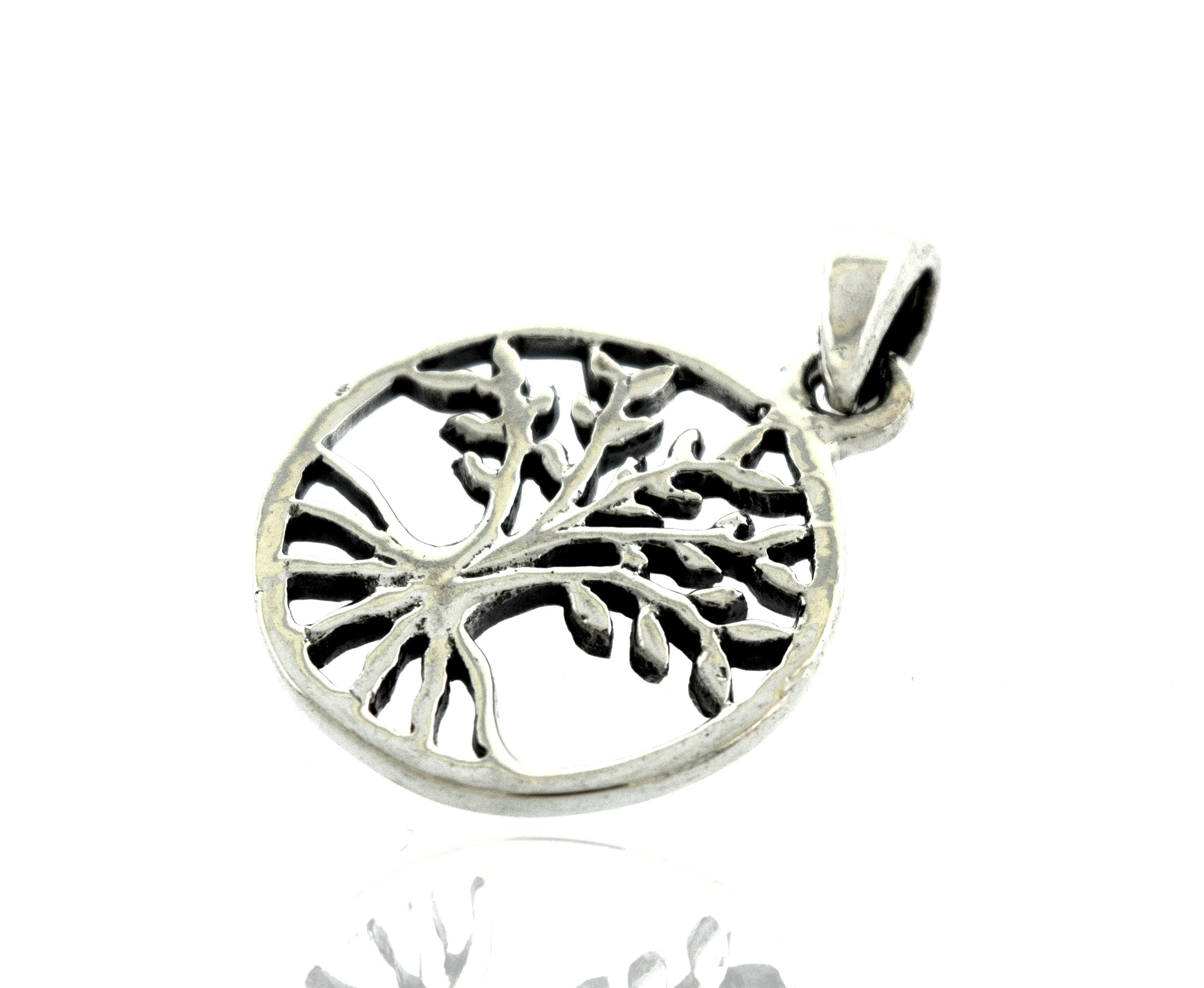 A Super Silver Tree Of Life Pendant shining on a white background.