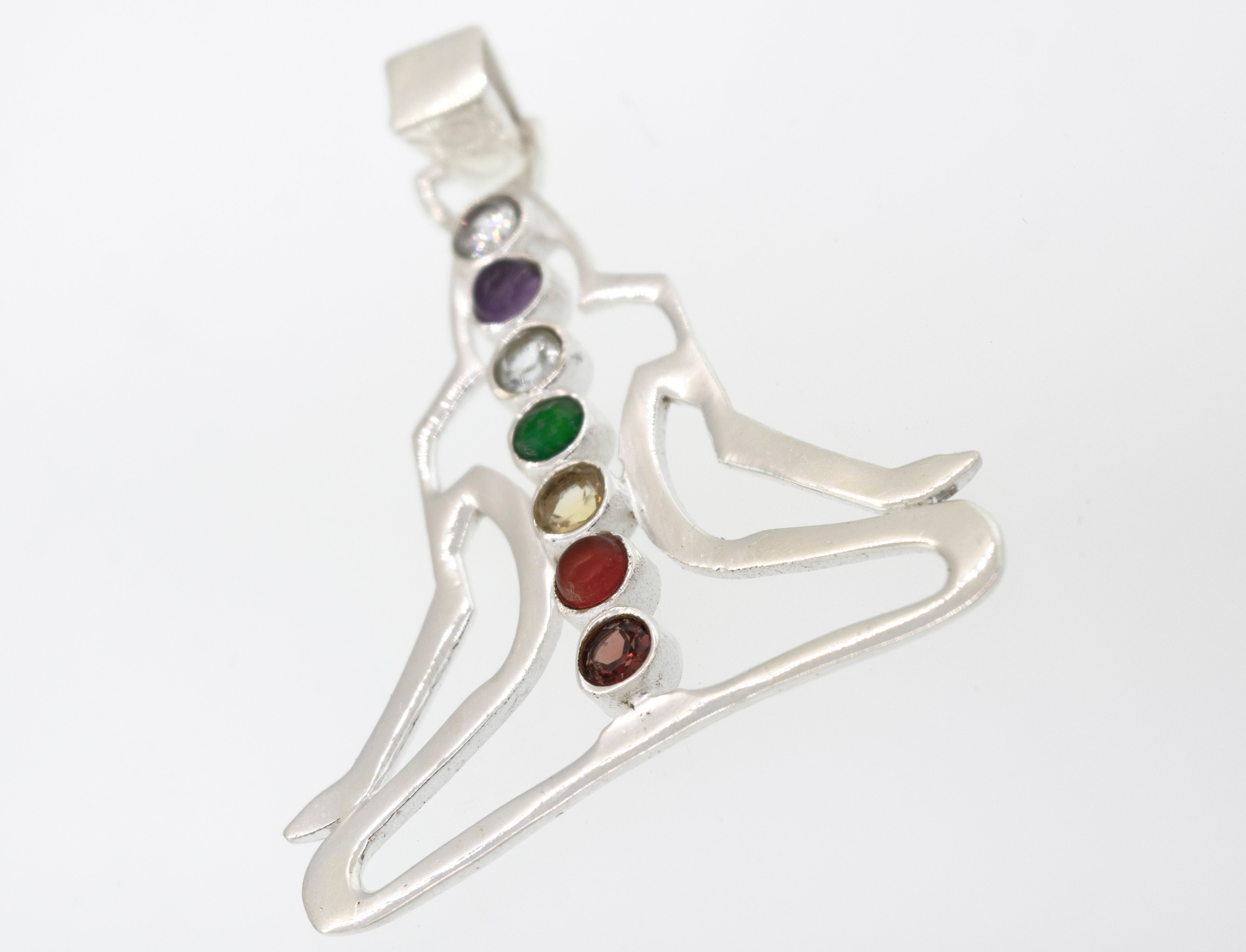 A Super Silver Lotus Pose Pendant With Chakra Stones.