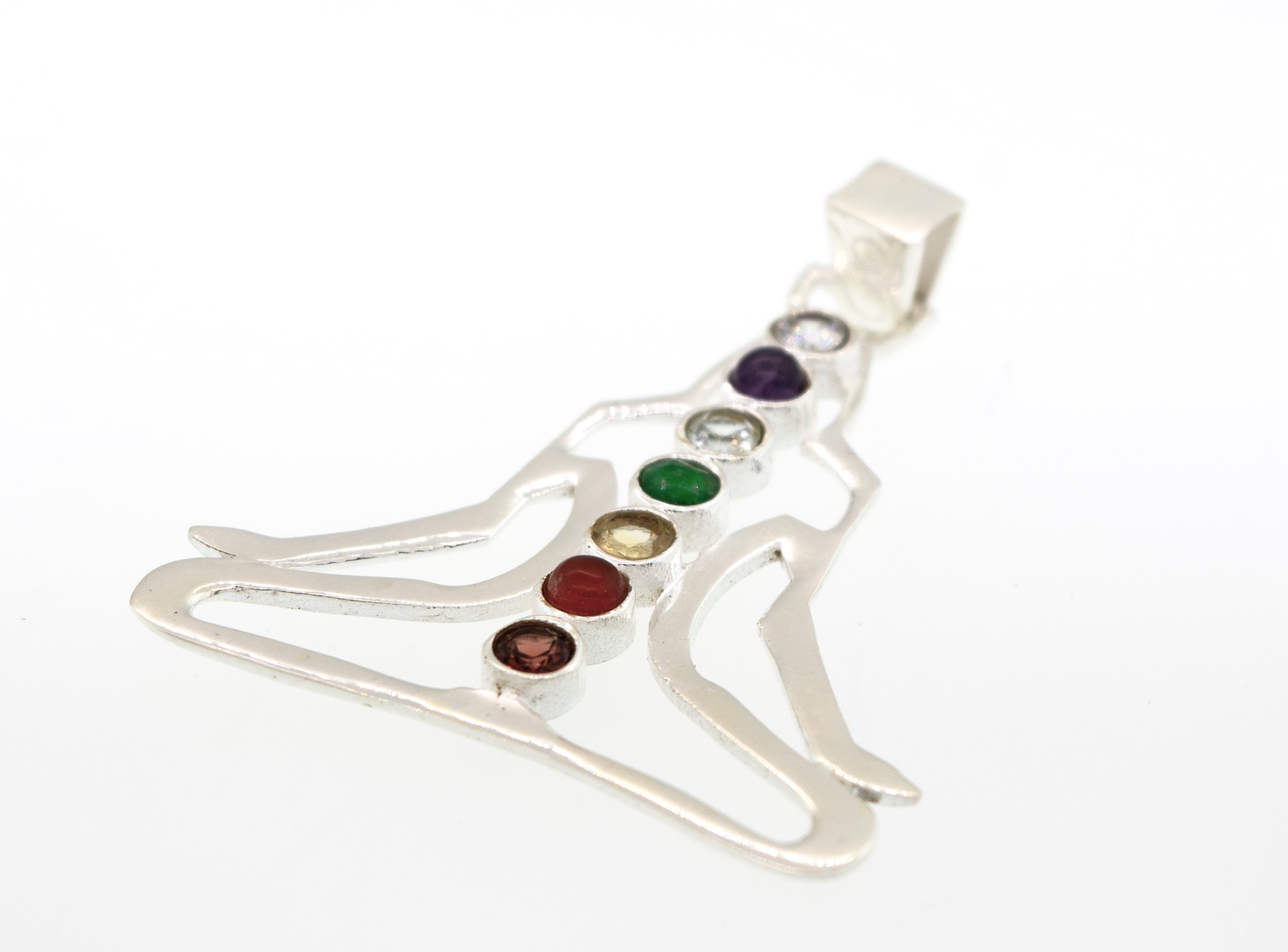 A Super Silver Lotus Pose Pendant with Chakra Stones.
