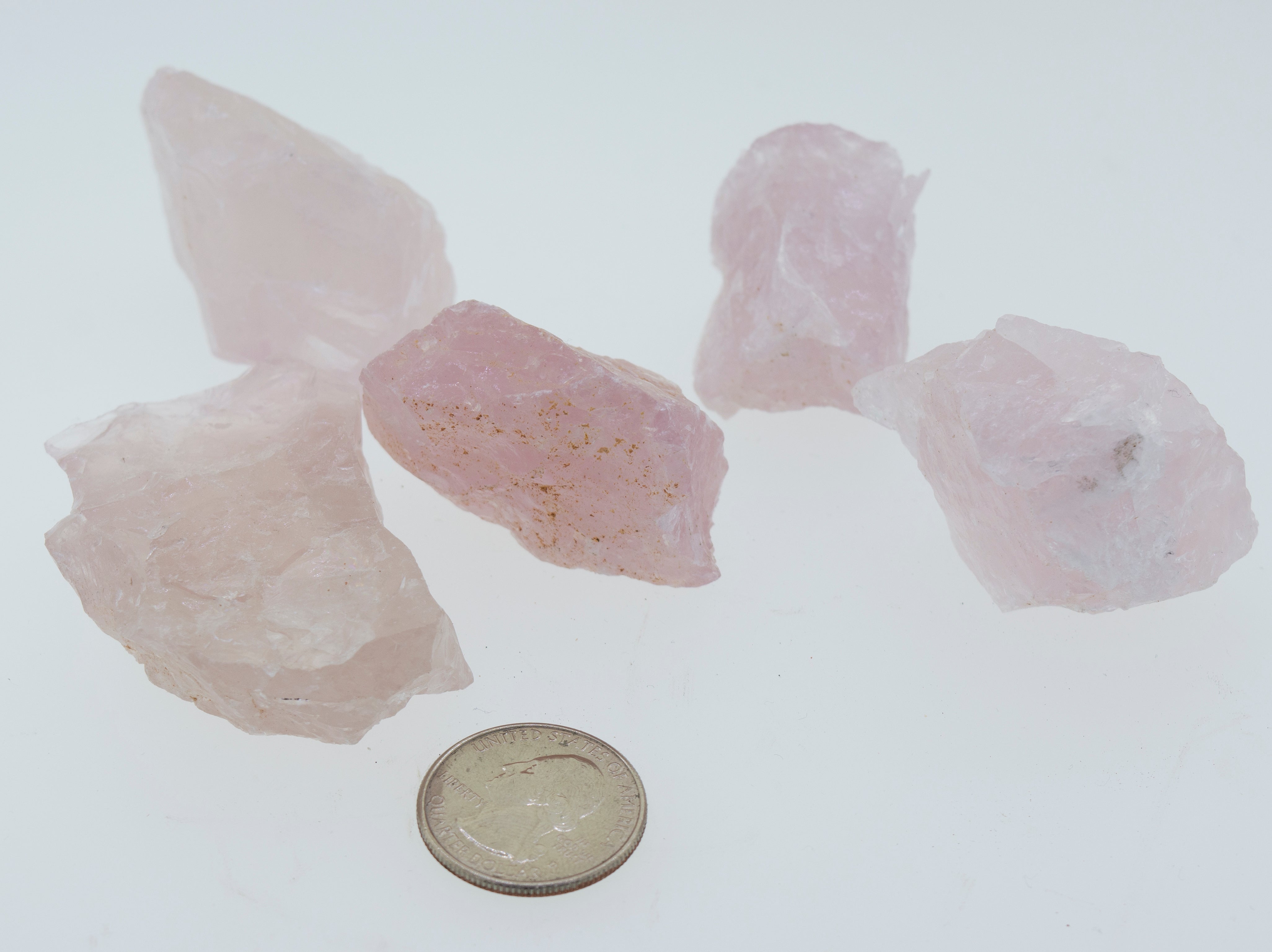 A set of Raw Rose Quartz Crystals arranged next to a small coin.