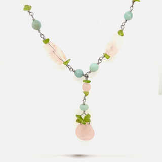 A Super Silver Beaded Multicolor Y-necklace featuring pink and green beaded stones.