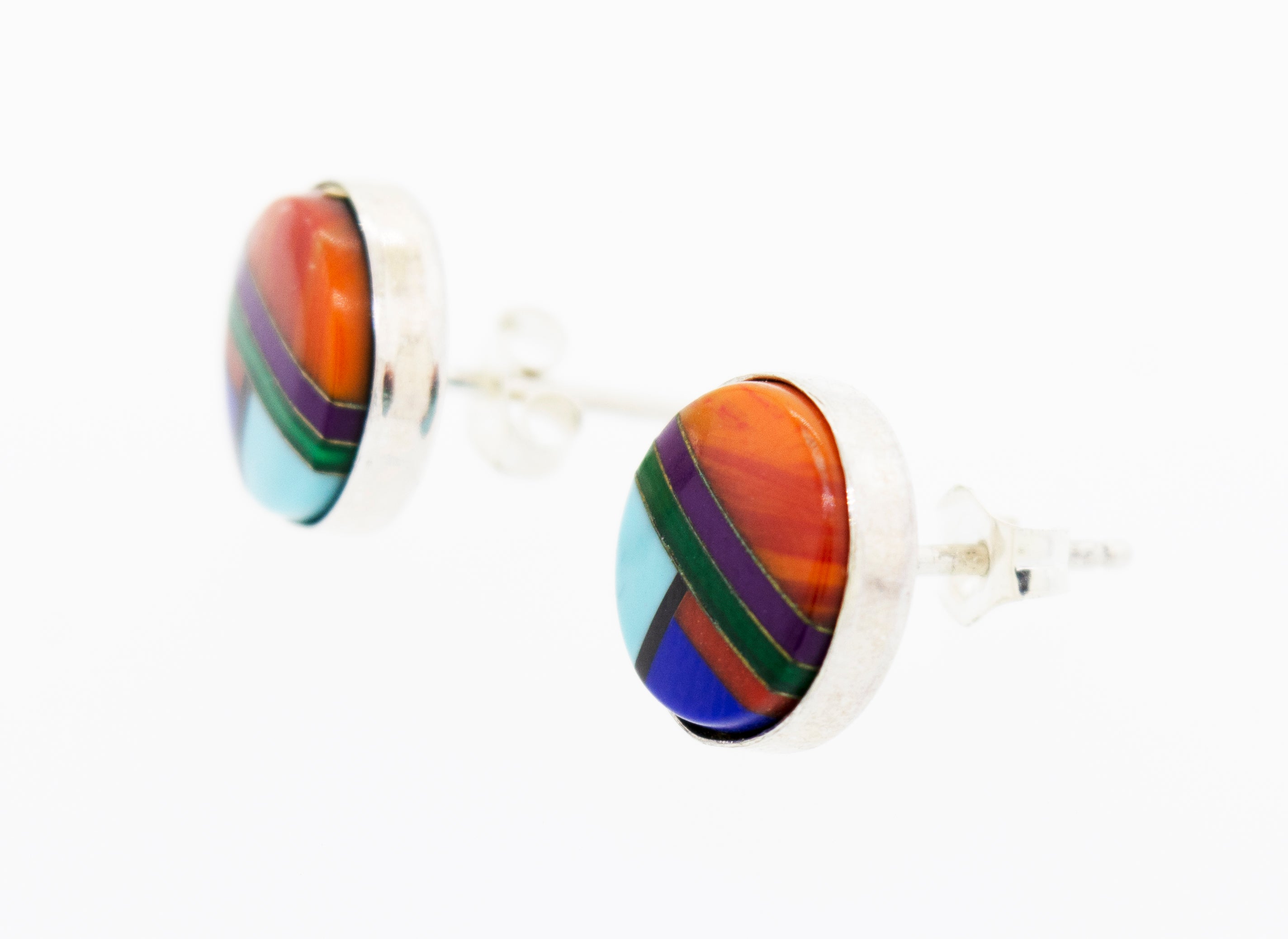 A pair of Super Silver American made multi-stone round stud earrings on a white background.