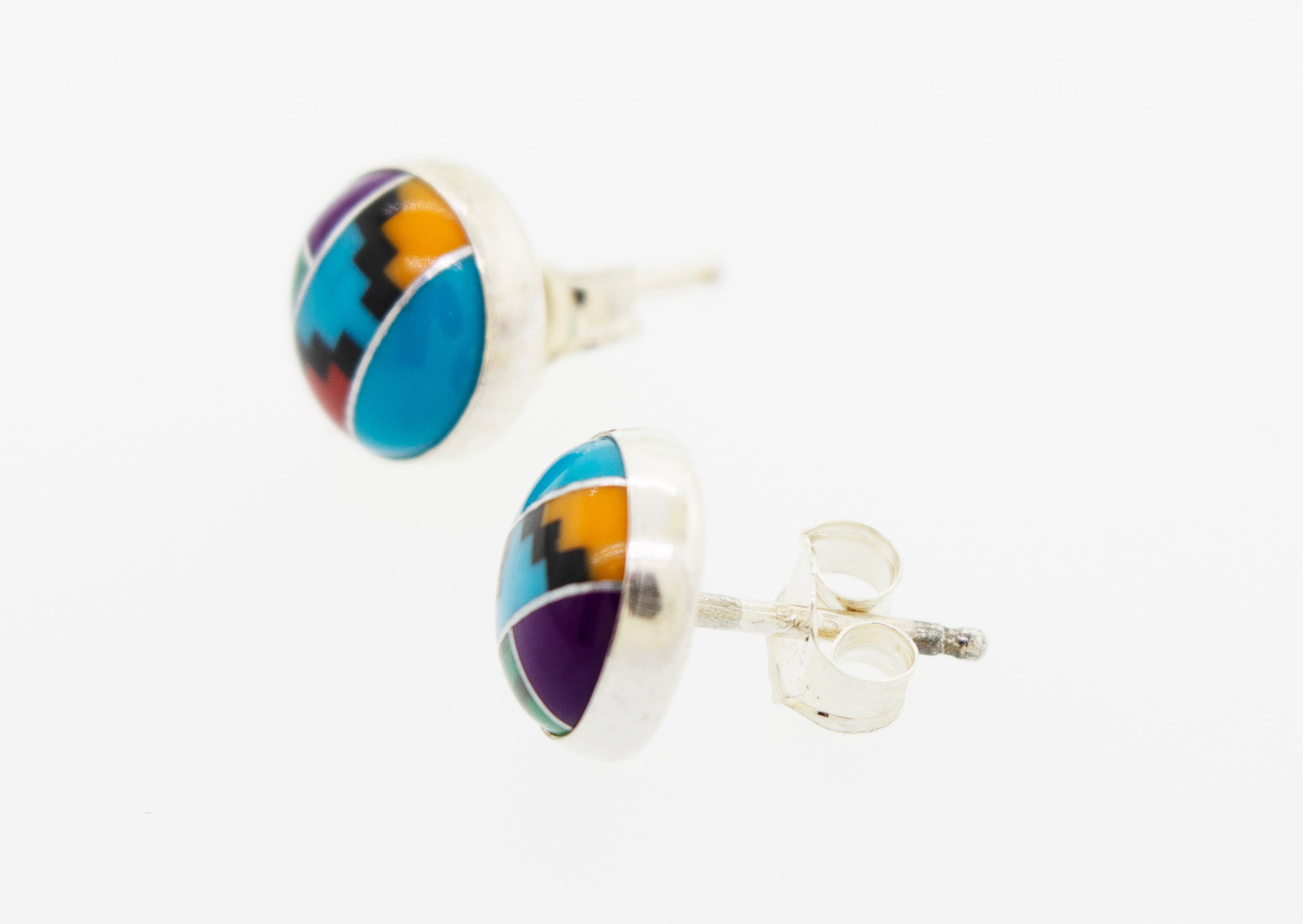 A pair of Super Silver American Made Multi-Stone Round Stud Earrings on a white background.