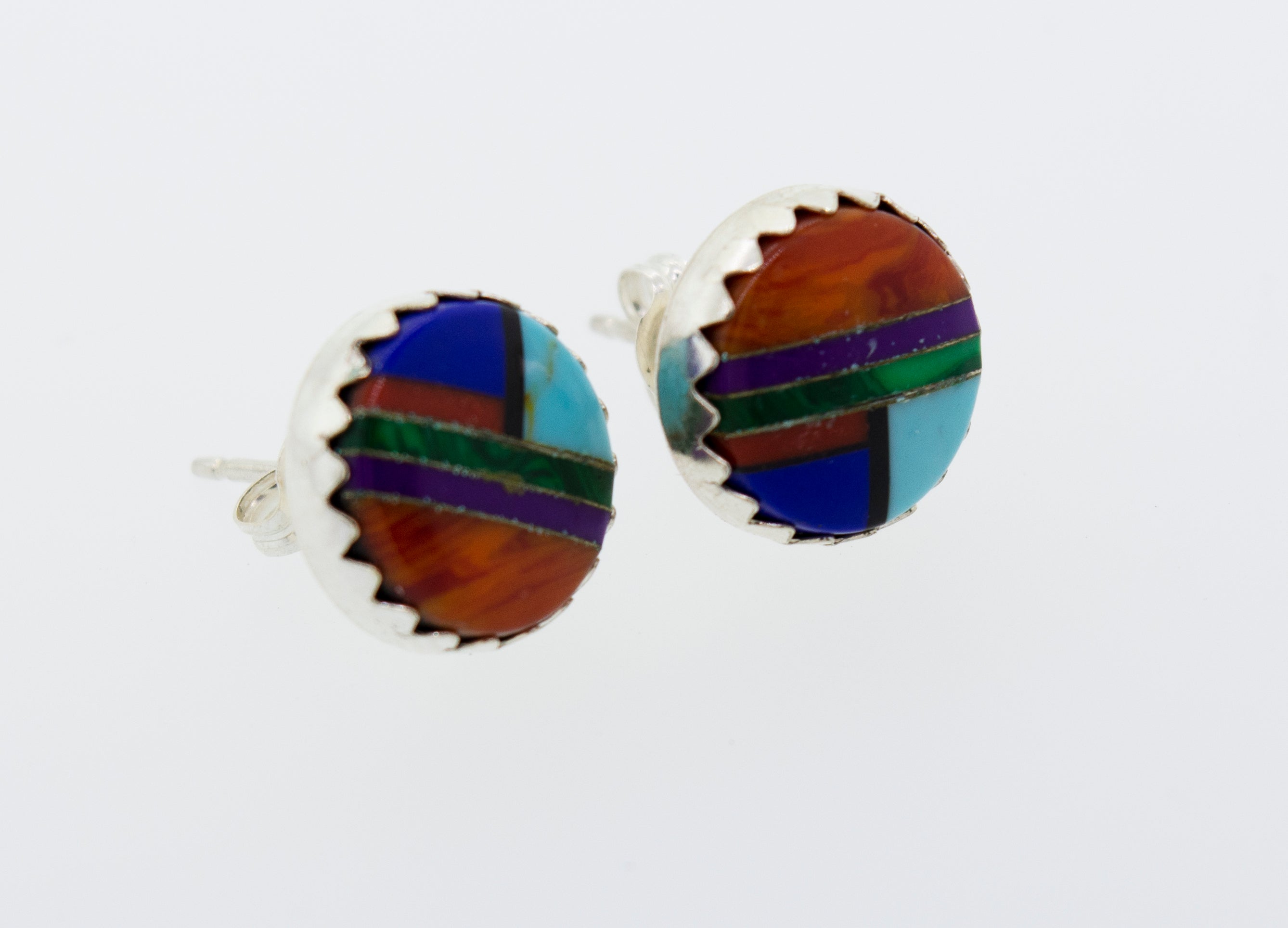 A pair of American Made Multi-Stone Round Stud Earrings from Super Silver with a sterling silver frame.