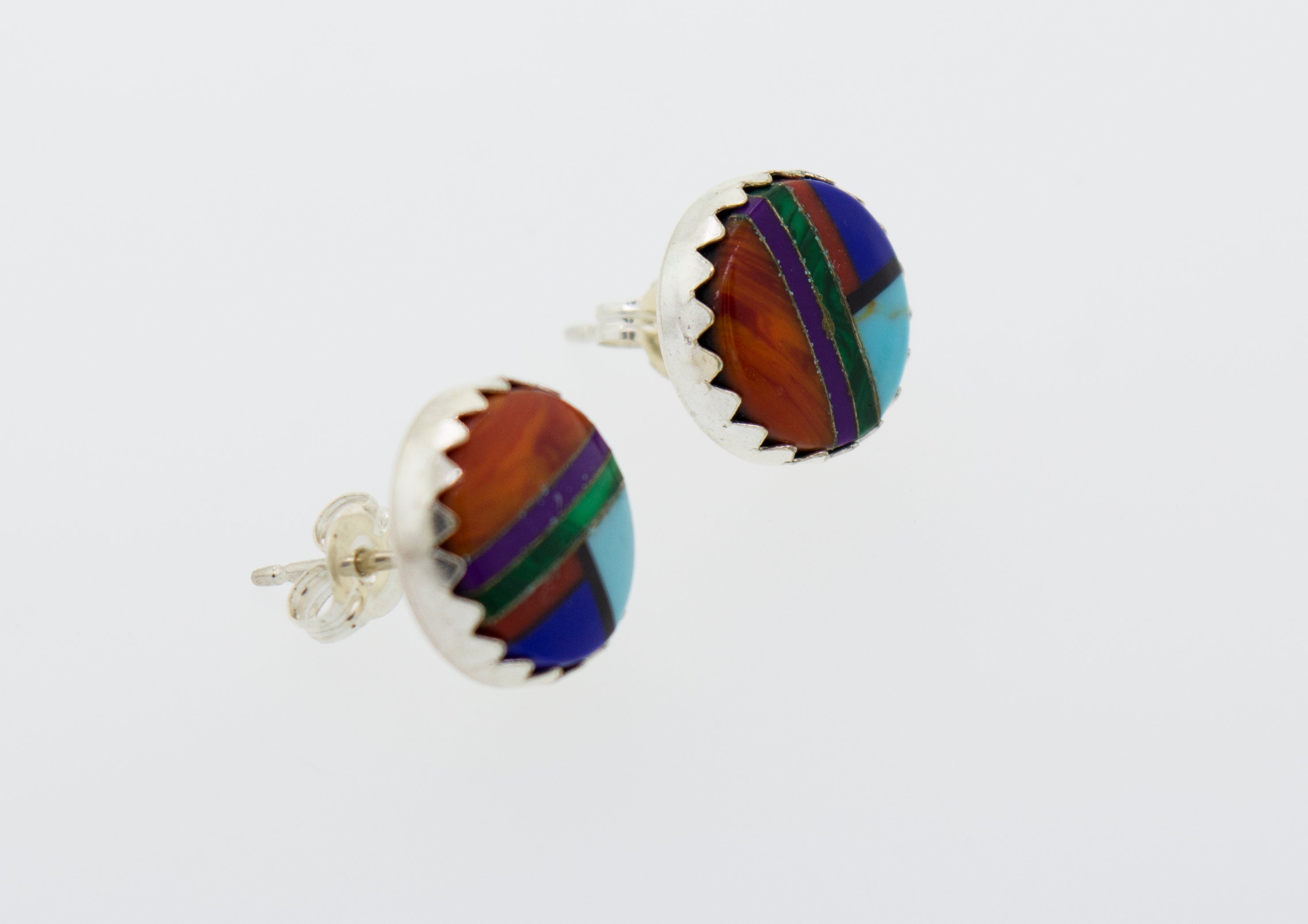 A pair of American Made Multi-Stone Round Stud Earrings with a Super Silver frame.