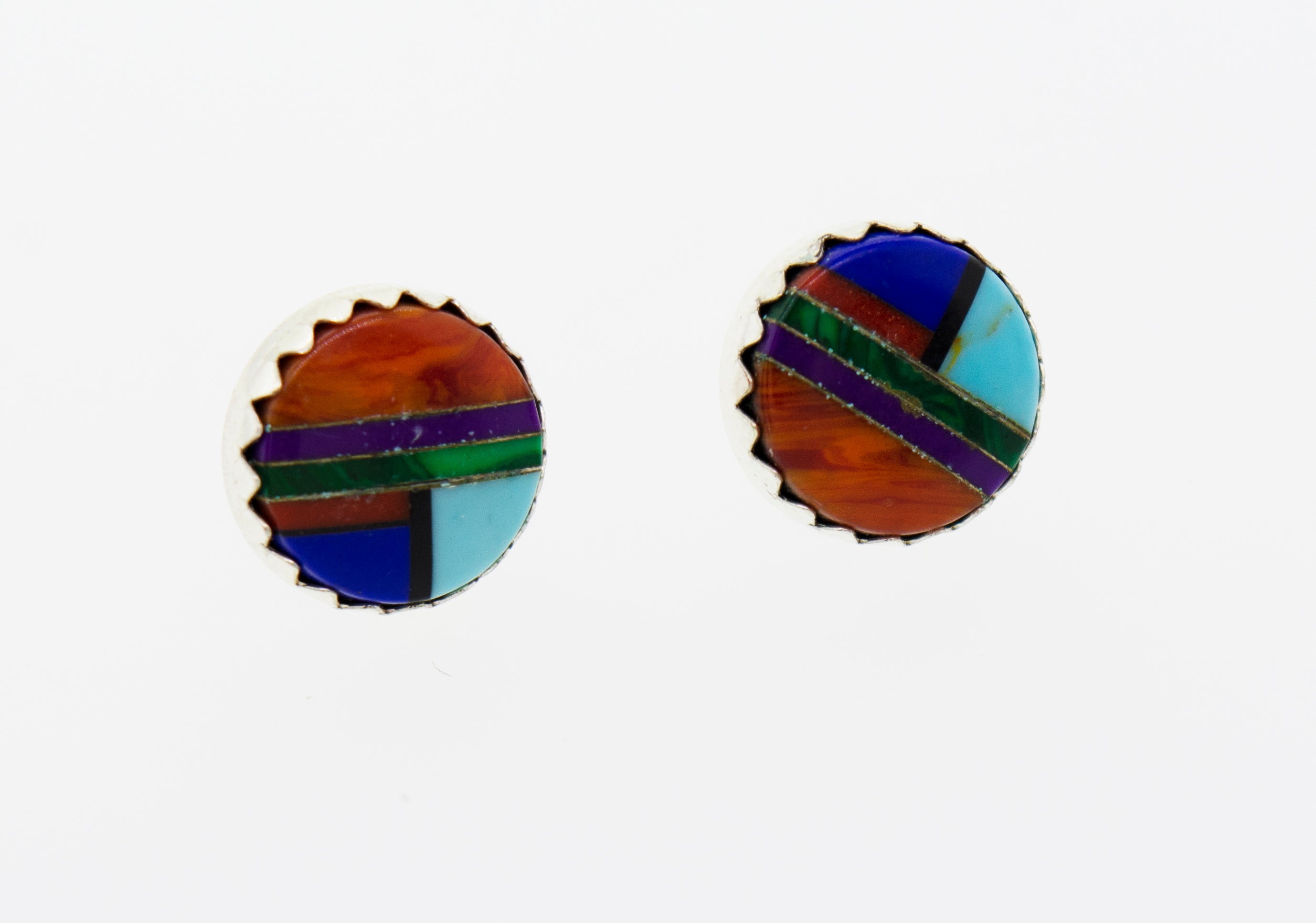 A pair of American Made Multi-Stone Round Stud Earrings by Super Silver on a white background with a sterling silver frame.