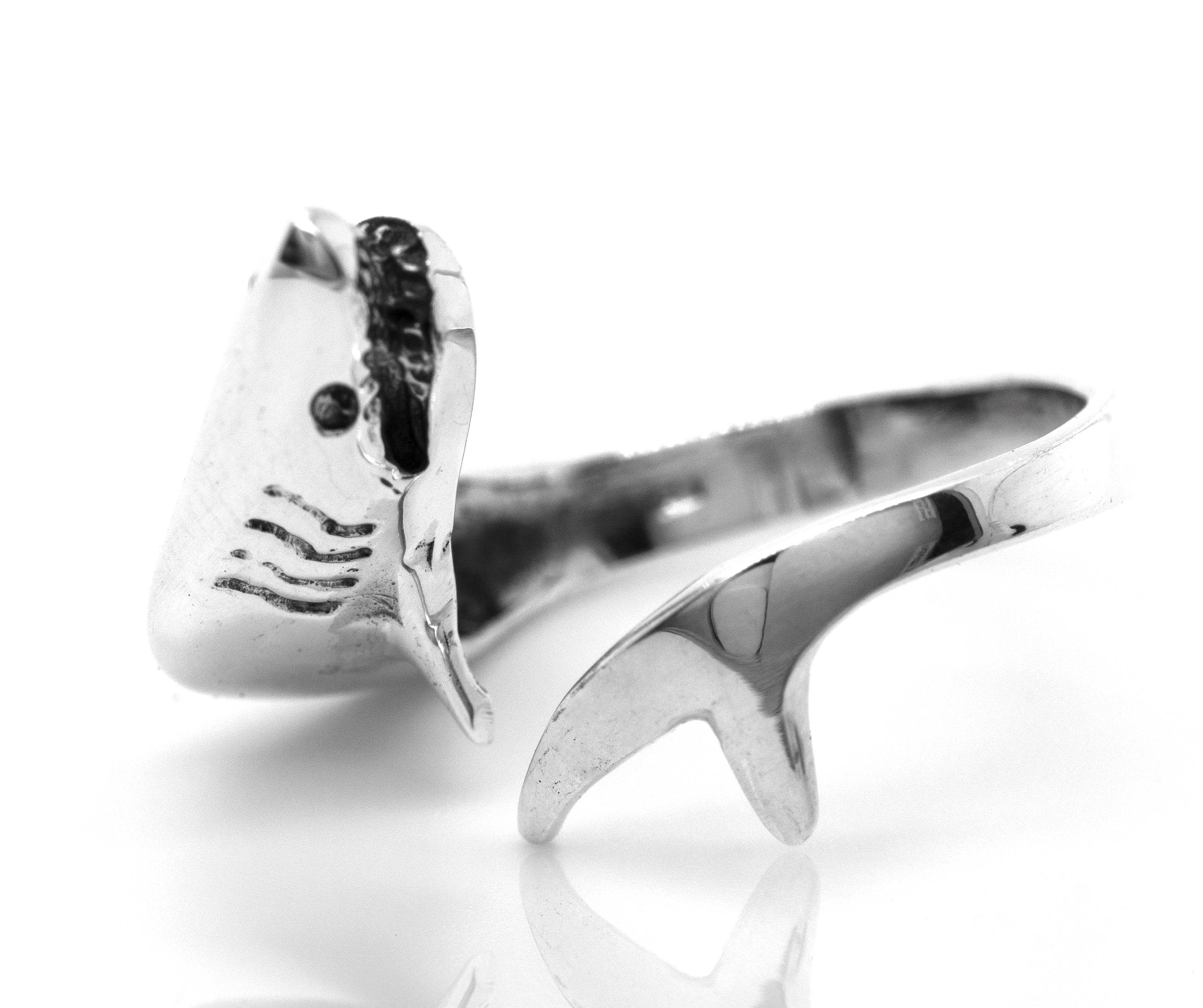 A Super Silver Adjustable Shark Ring, perfect for ocean lovers.
