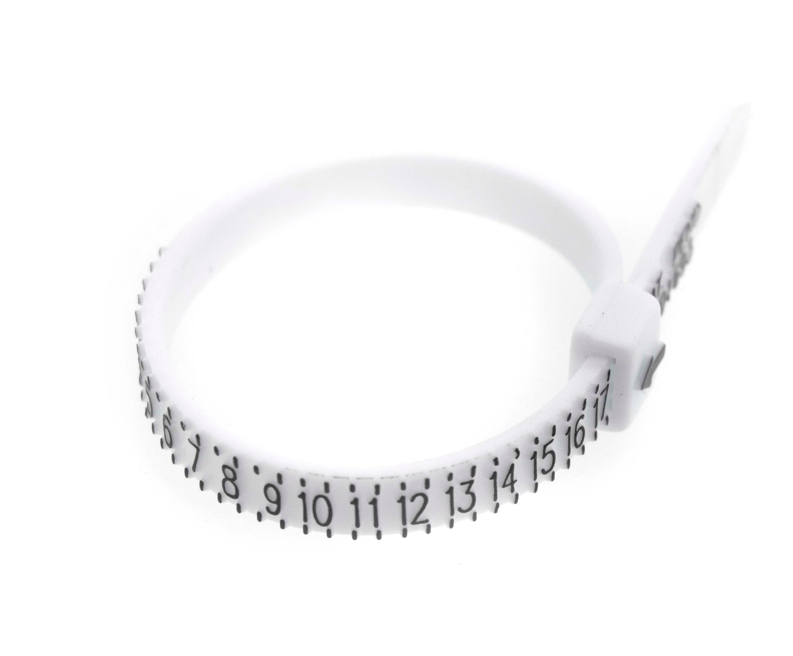 A Super Silver white plastic Ring Sizer on a white background for measuring ring size.