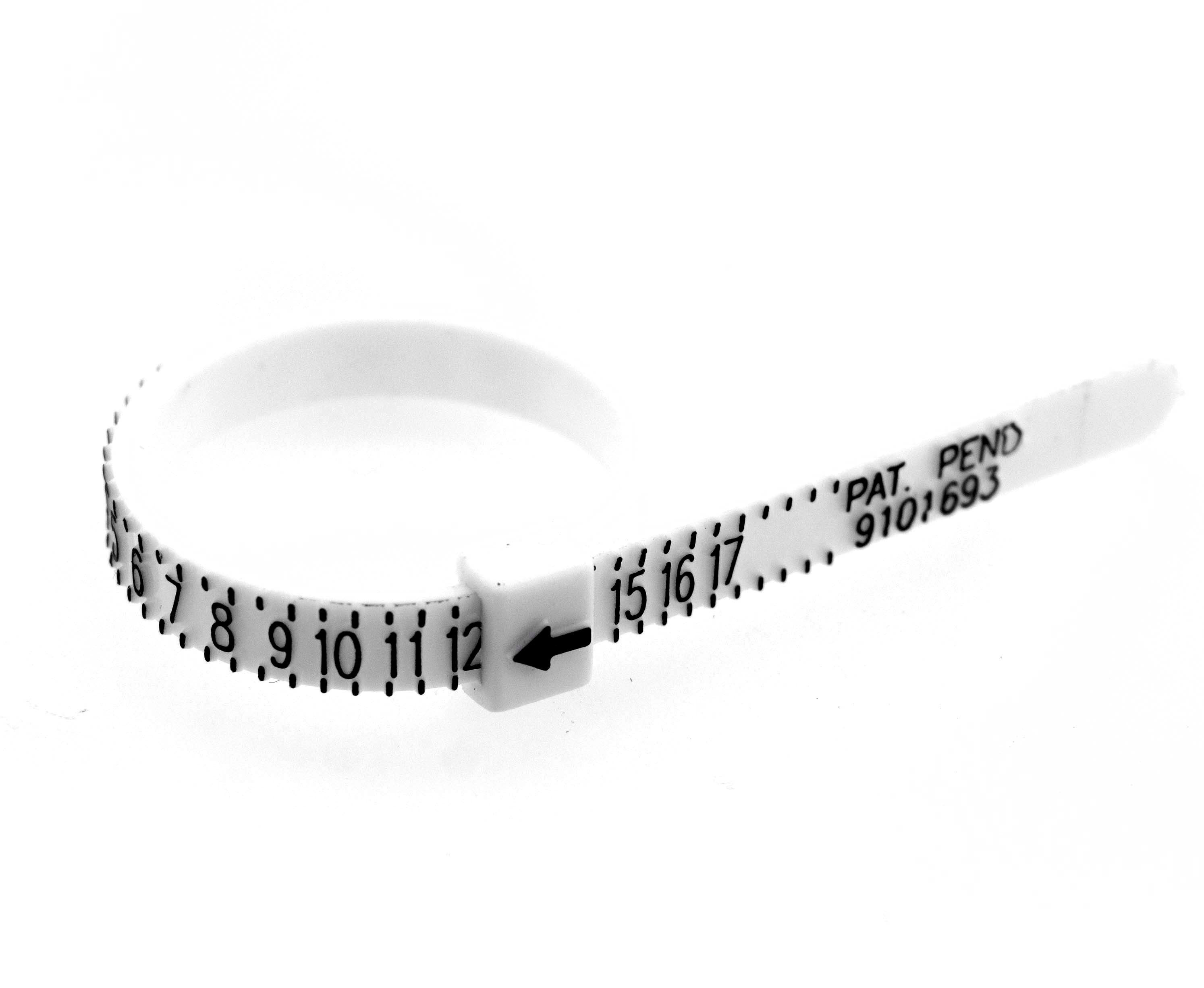 A white Super Silver Ring Sizer on a white background, perfect for guessing measurements or determining ring size.