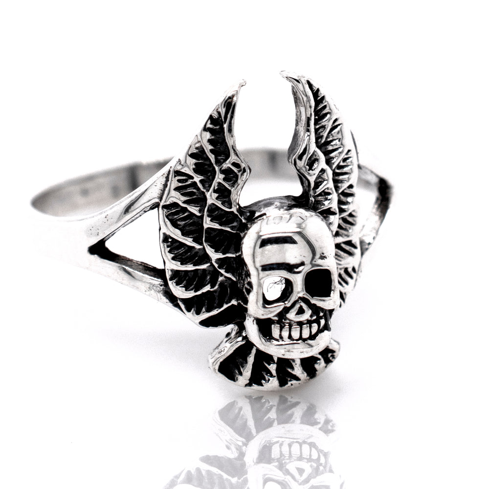 A gothic silver Skull Ring With Wings, perfect for men.