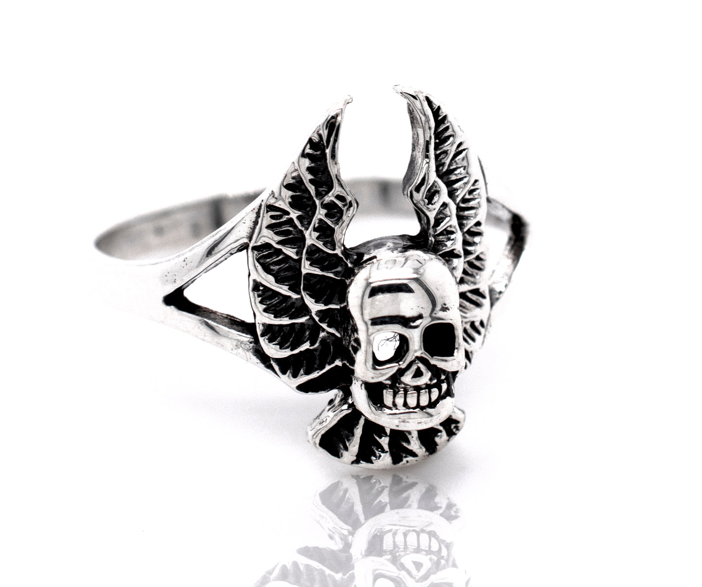 A gothic silver Skull Ring With Wings, perfect for men.