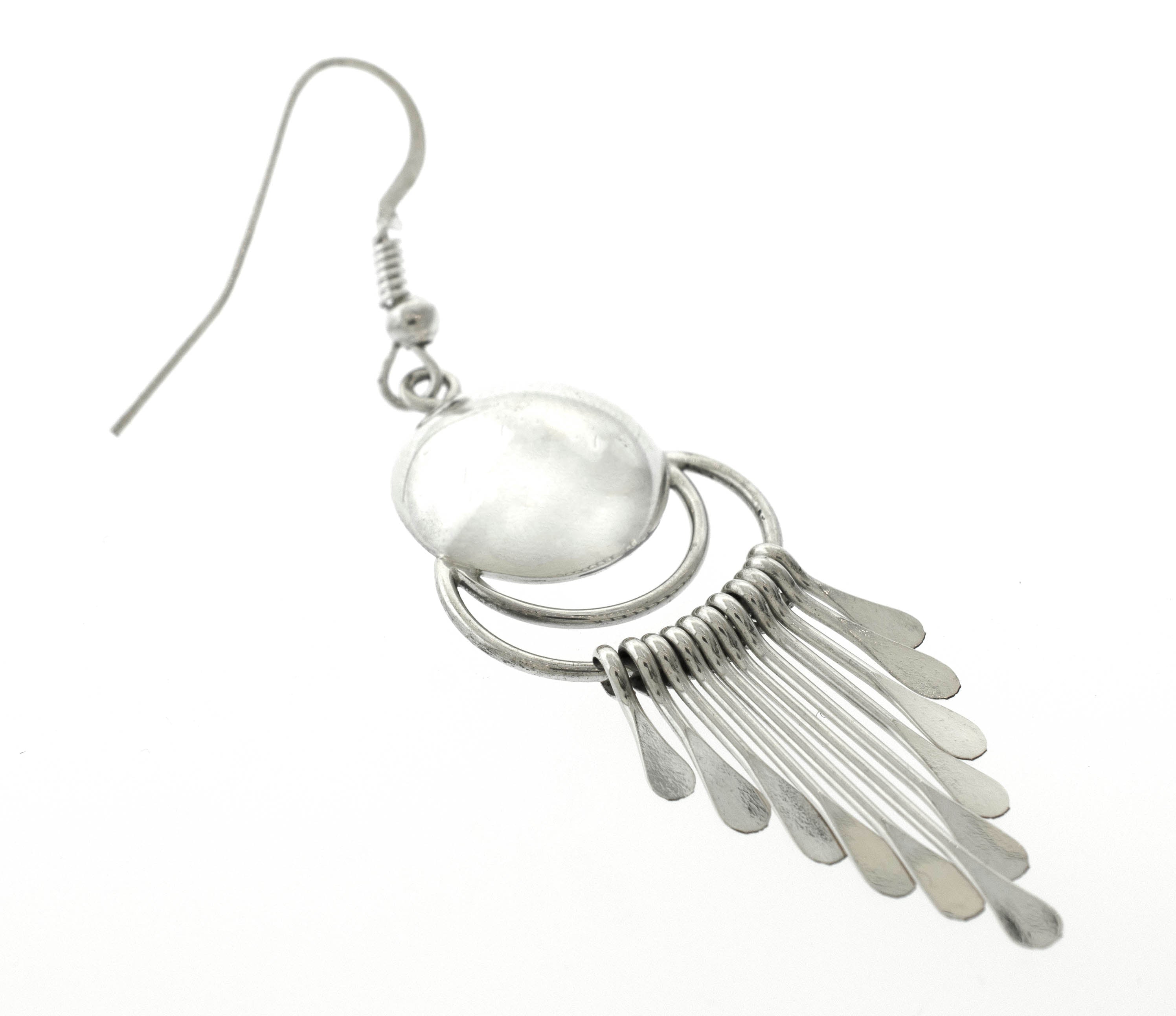 Authentic Super Silver Native American Navajo chandelier earrings crafted with sterling silver and adorned with a mother of pearl dangle.