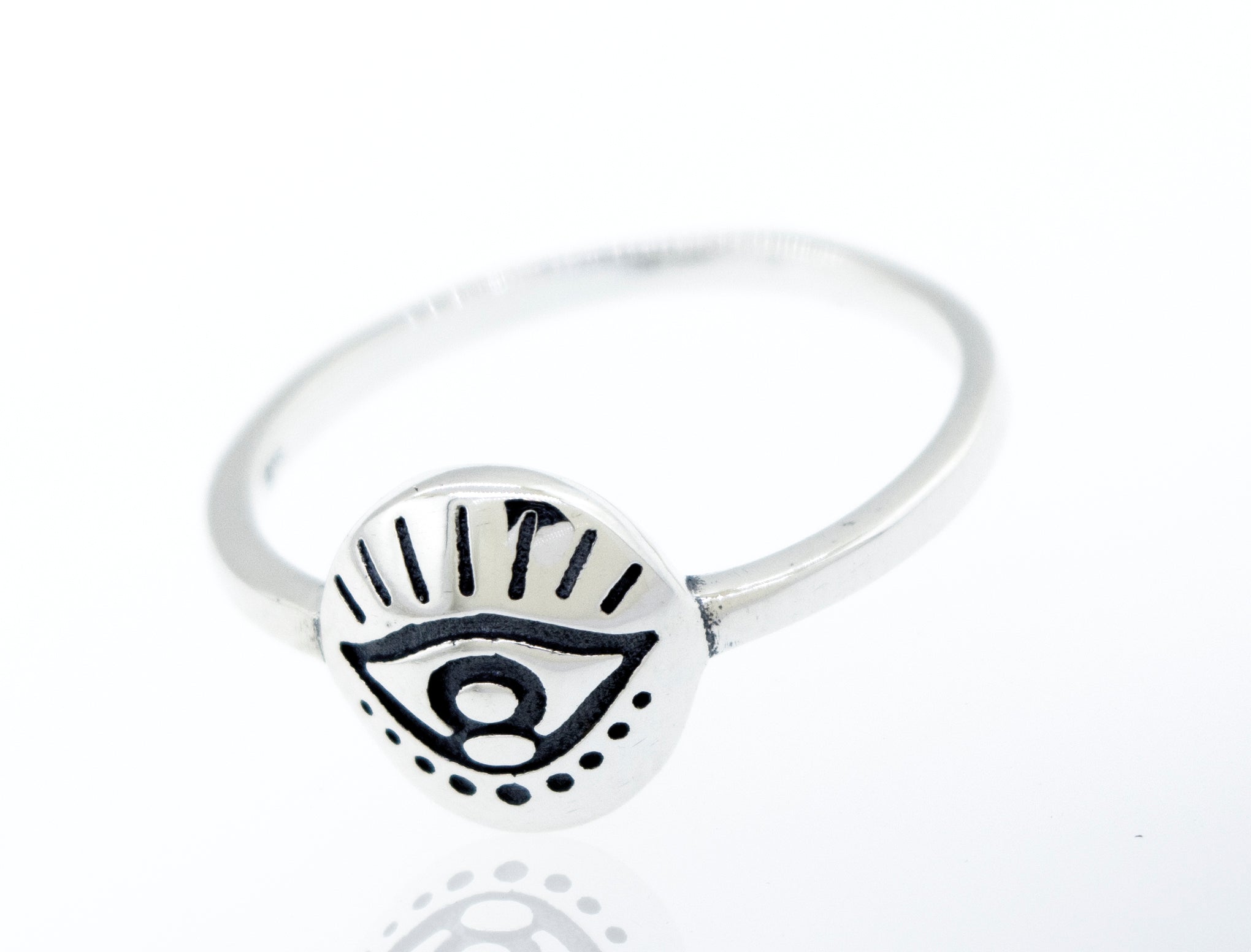 A silver ring featuring the All Seeing Evil Eye Ring.