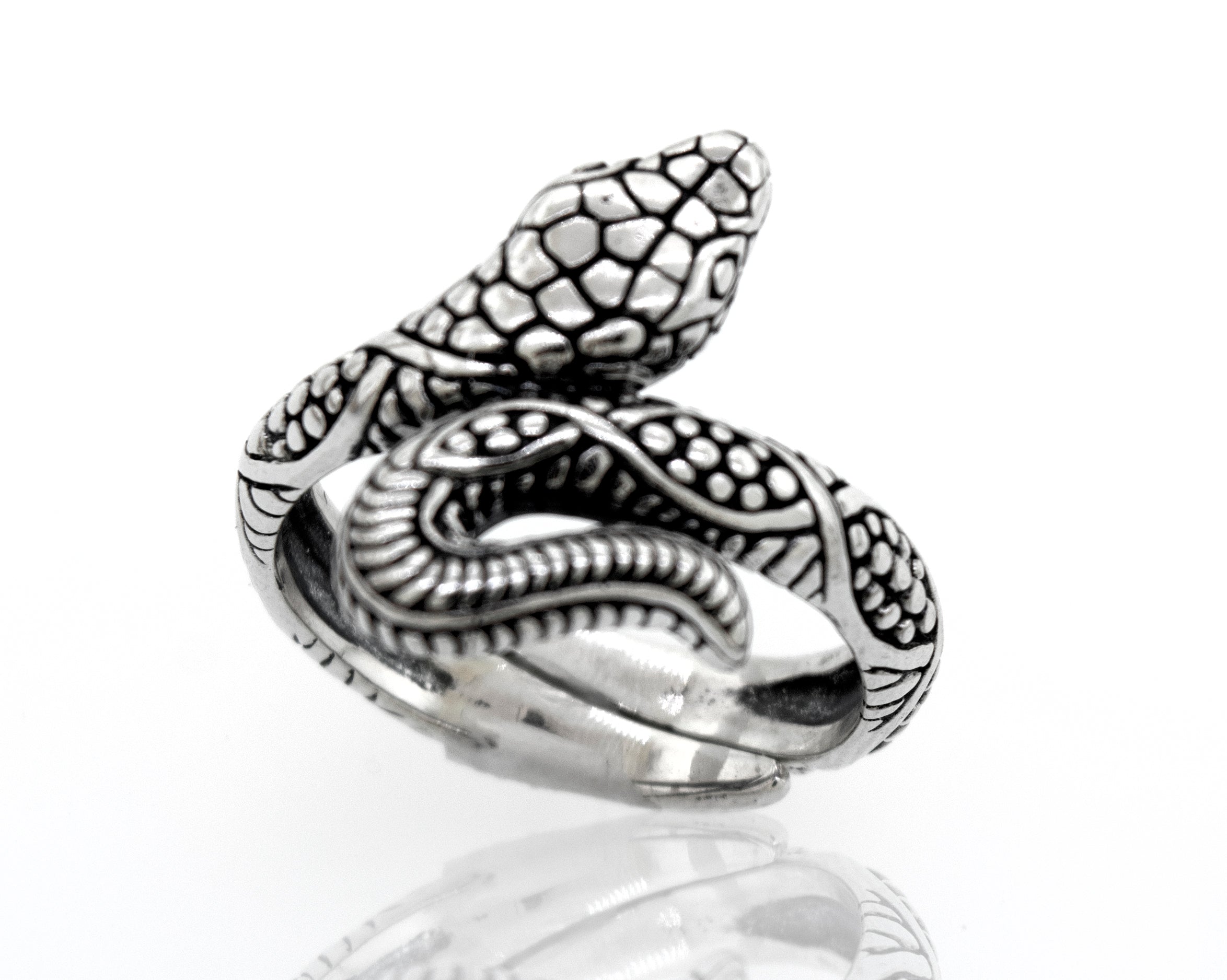 A handcrafted Super Silver Online Only Exclusive Designer Snake Ring on an adjustable size band, showcased against a white background.