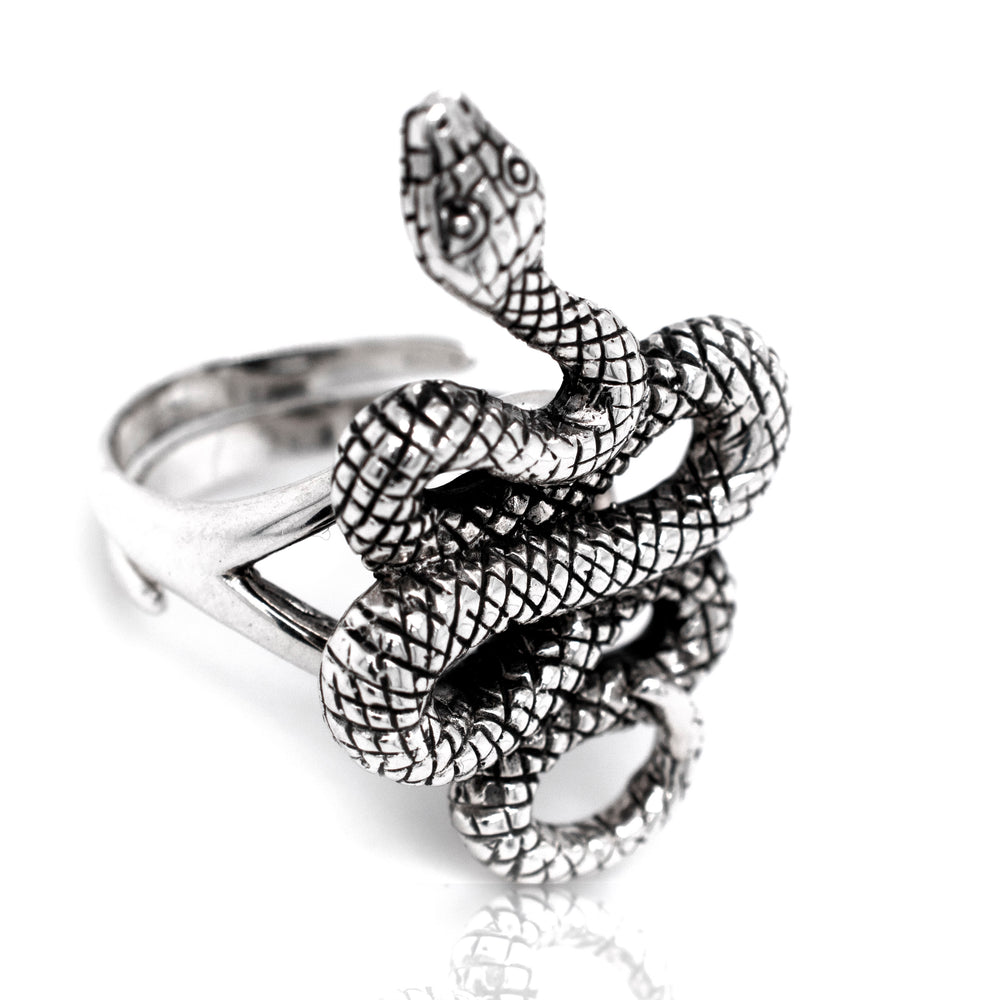 A Bold Designer Snake Ring on a white background.