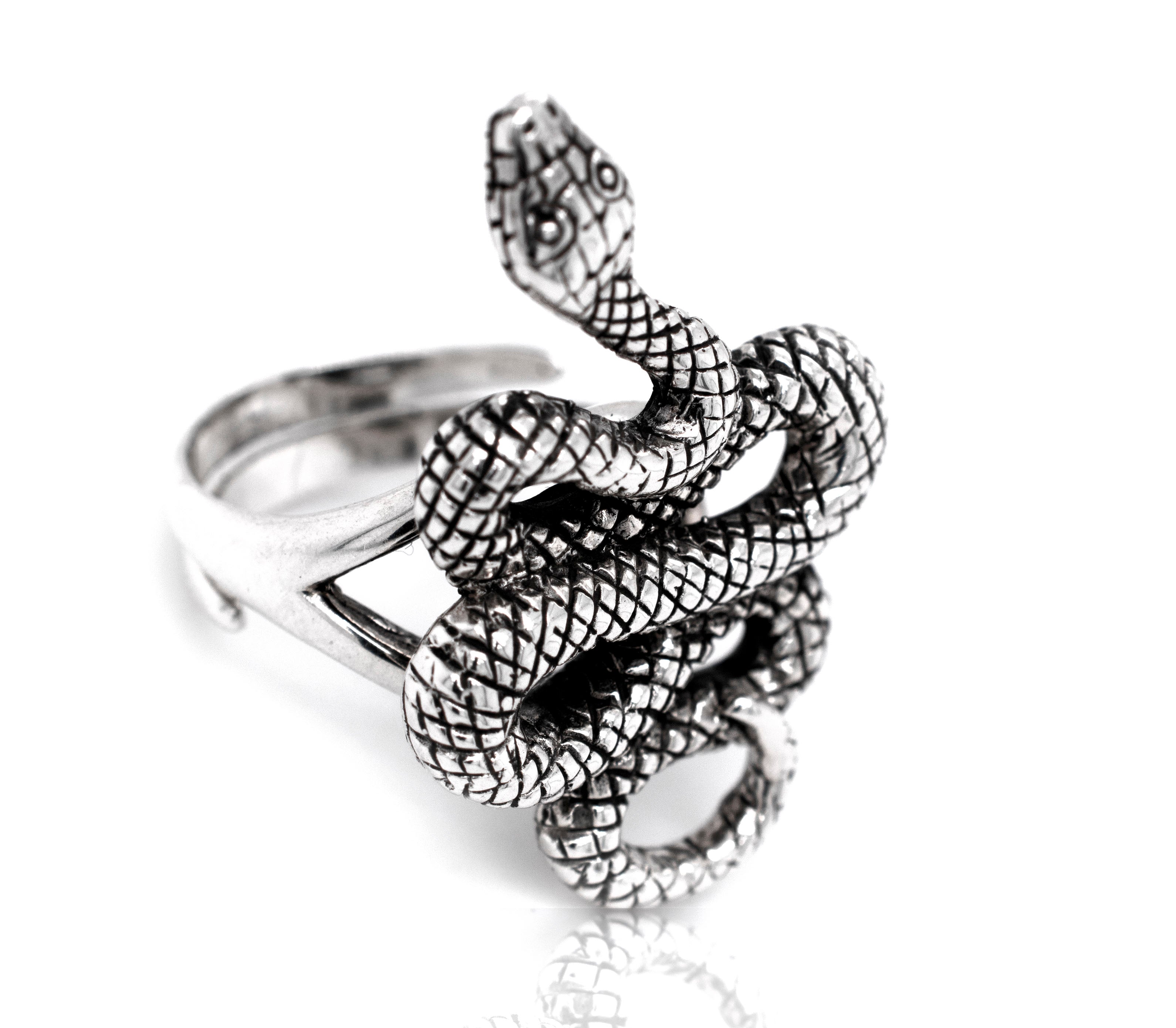 A Bold Designer Snake Ring on a white background.